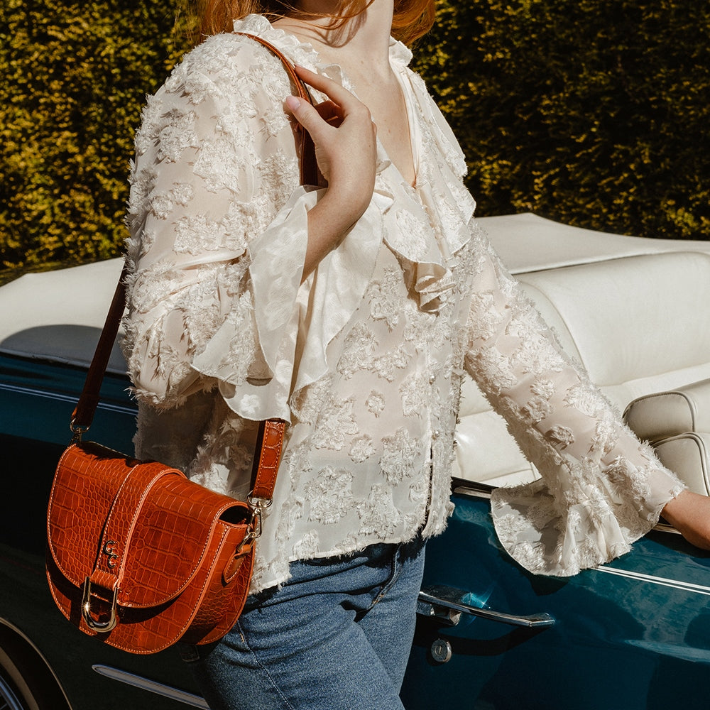 Galway Crystal Fashion Saddle Bag for Women - Tan Crocodile Embossed Leather Crossbody Purse - Perfect for Work, Travel & Everyday Use