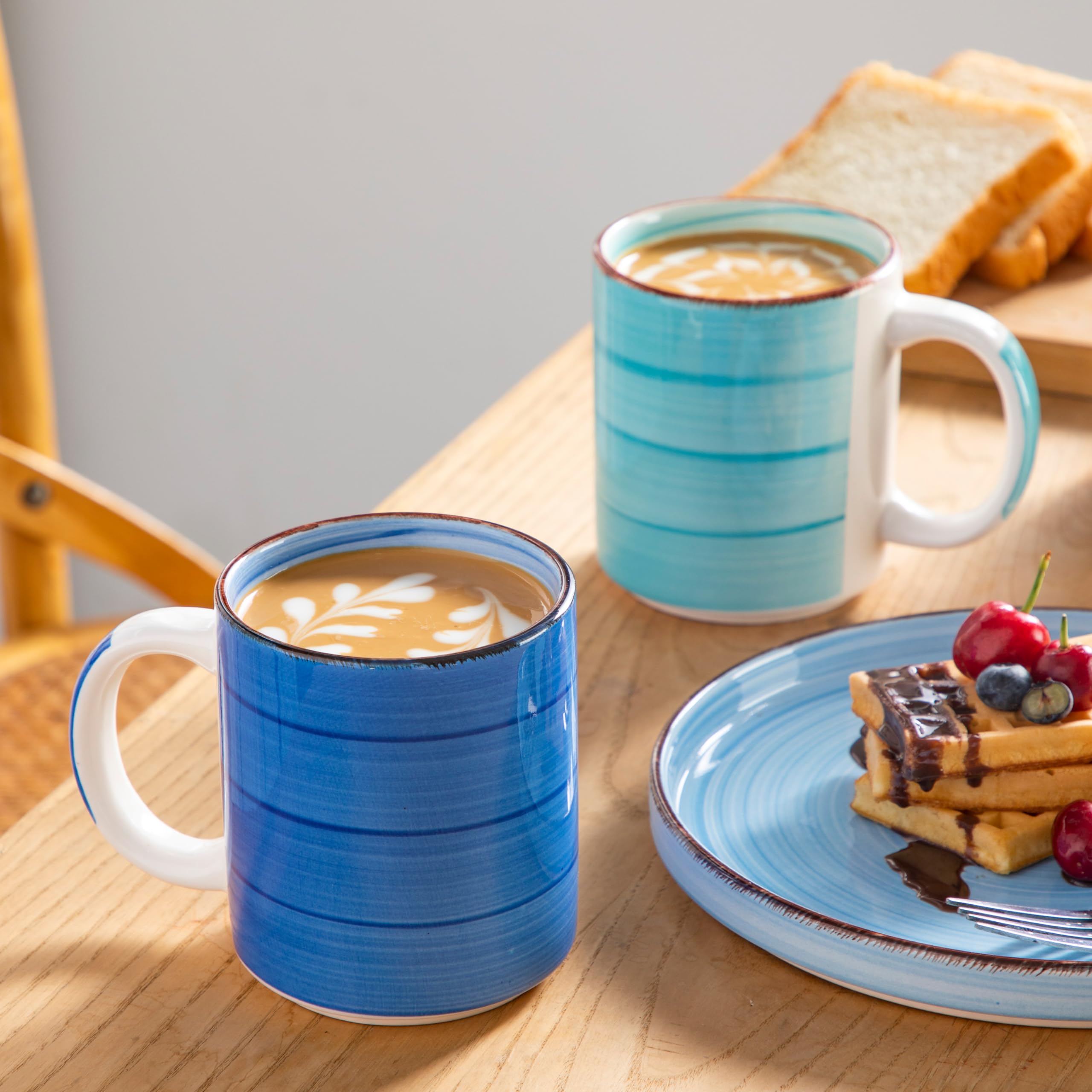 Vancasso Bonita 16 oz Ceramic Coffee Mug Set of 6 - Large Handle Tea Latte Cappuccino Cups - Dishwasher & Microwave Safe - Perfect for Home, Office & Gifts (Blue)