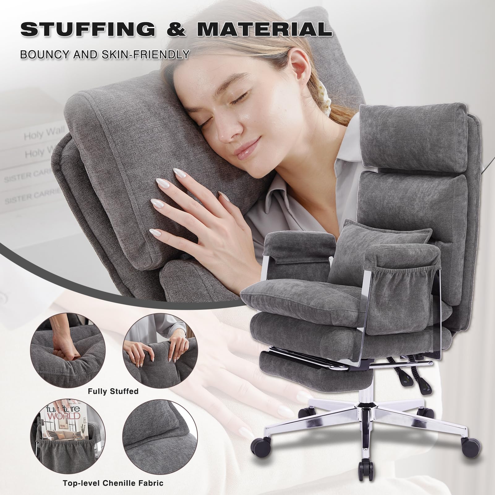 Big and Tall Ergonomic Office Chair with Footrest - Heavy Duty Stainless Steel Frame, High Back Reclining Chenille Fabric Chair with Lumbar Support & Spring Cushion (Koala Gray) - Perfect for Home Office, Gaming, and Workspace Comfort