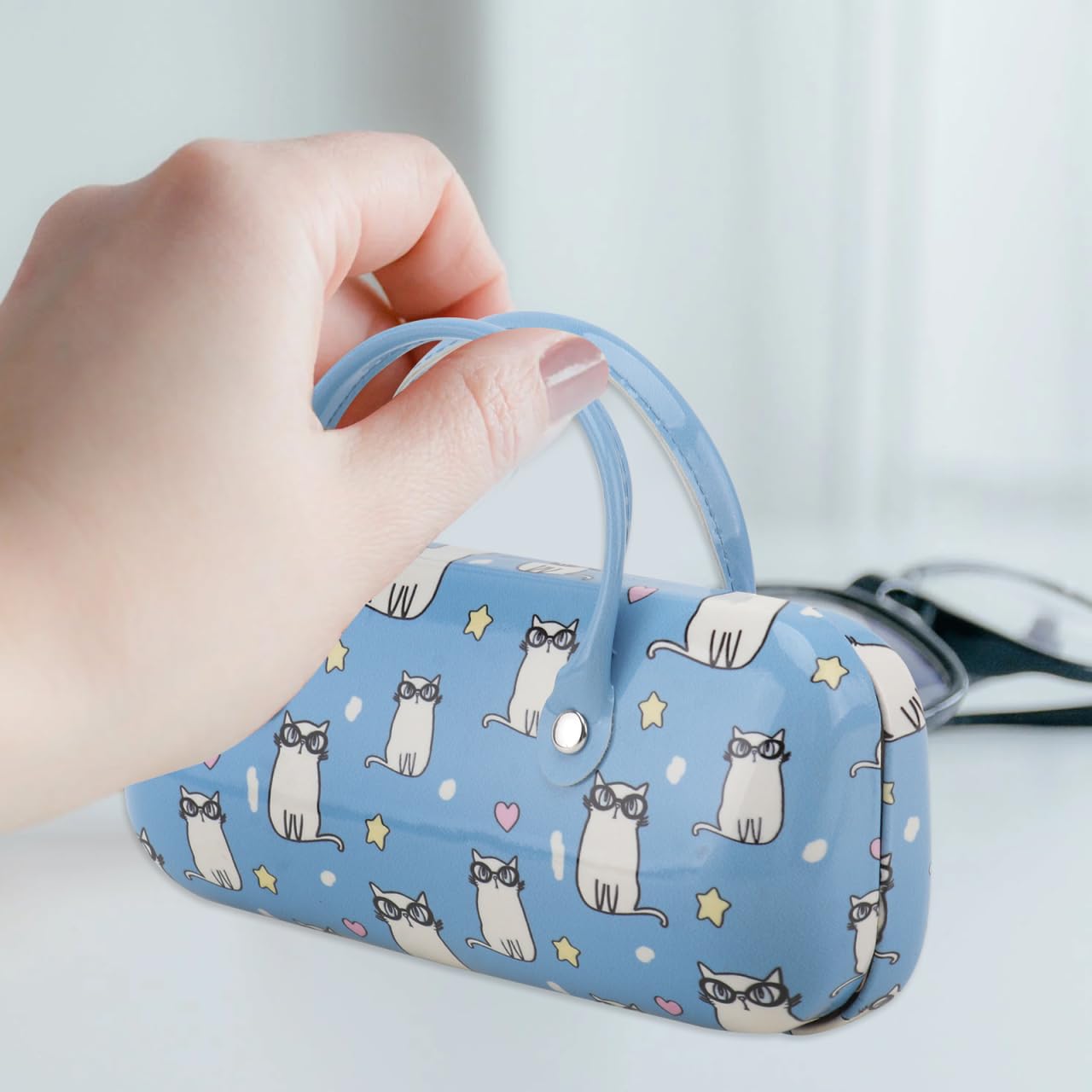 Holibanna Cartoon Hard Eyeglass Case for Kids & Women - Portable Leather Glasses Box with Handle, Cute Makeup Storage & Eyewear Pouch (Light Blue) - Perfect for School, Travel, and Daily Use