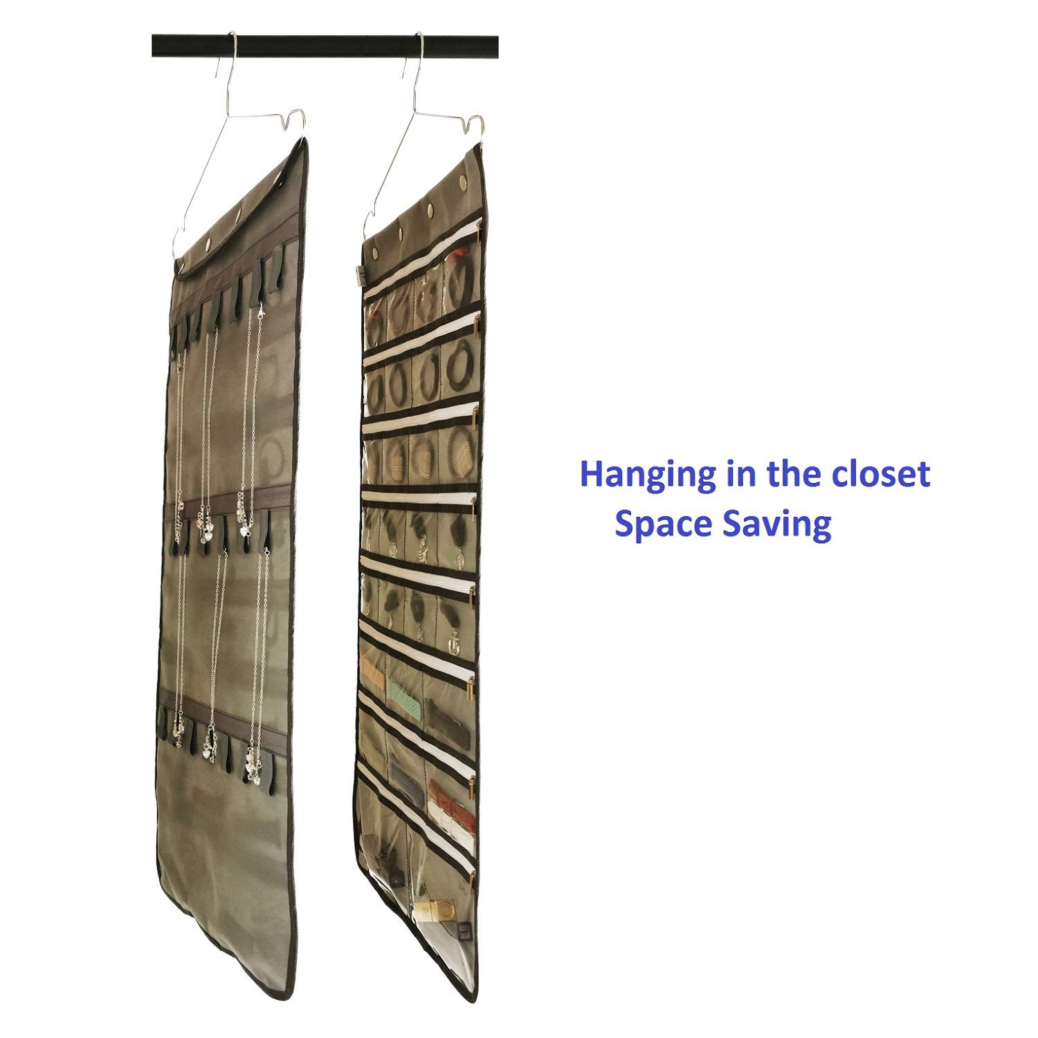 Dual-Sided Zippered Jewelry Organizer with Hanger - 28 Clear Pockets & 20 Tape Loops - Perfect for Travel, Home & Closet Storage (Grey)