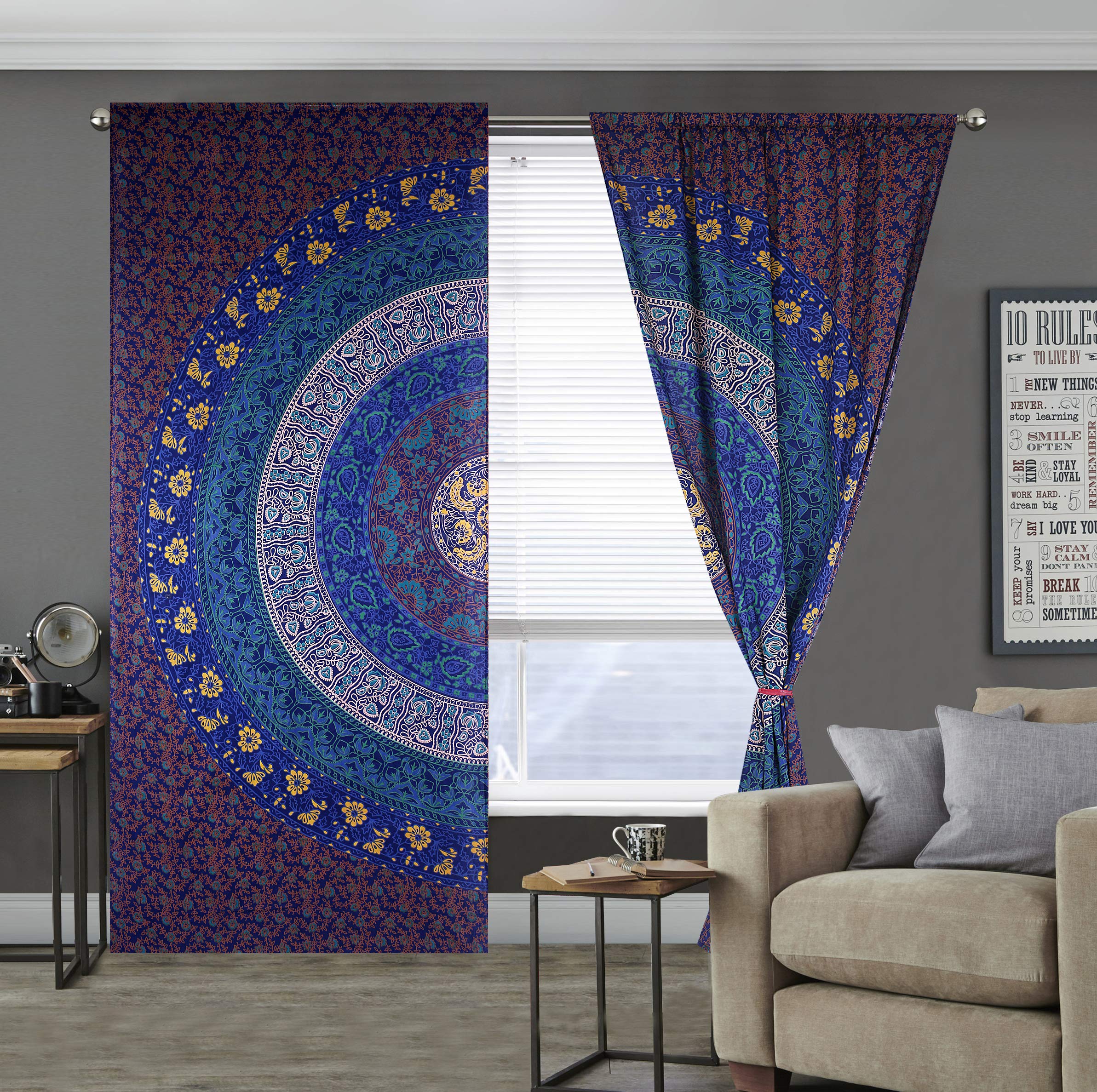SHIRANYA 100% Cotton Indian Mandala Curtains - Bohemian Tapestry Window Panels, 83x38 Inch (Set of 2) - Perfect for Living Room, Bedroom & Dorm Decor