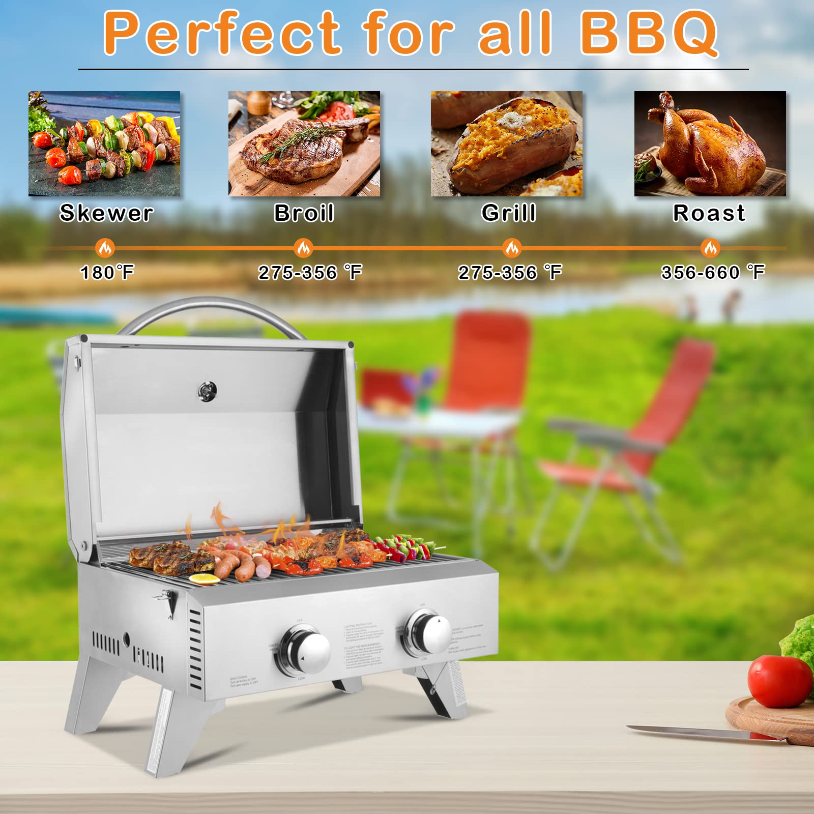 ROVSUN 20,000 BTU Portable Gas Grill - Large 2 Burner Tabletop Propane Grill with Foldable Legs, Regulator & Full Stainless Steel - Perfect for Outdoor Picnics, Camping, Tailgating, Backyard BBQ, Patio Parties and Garden Gatherings