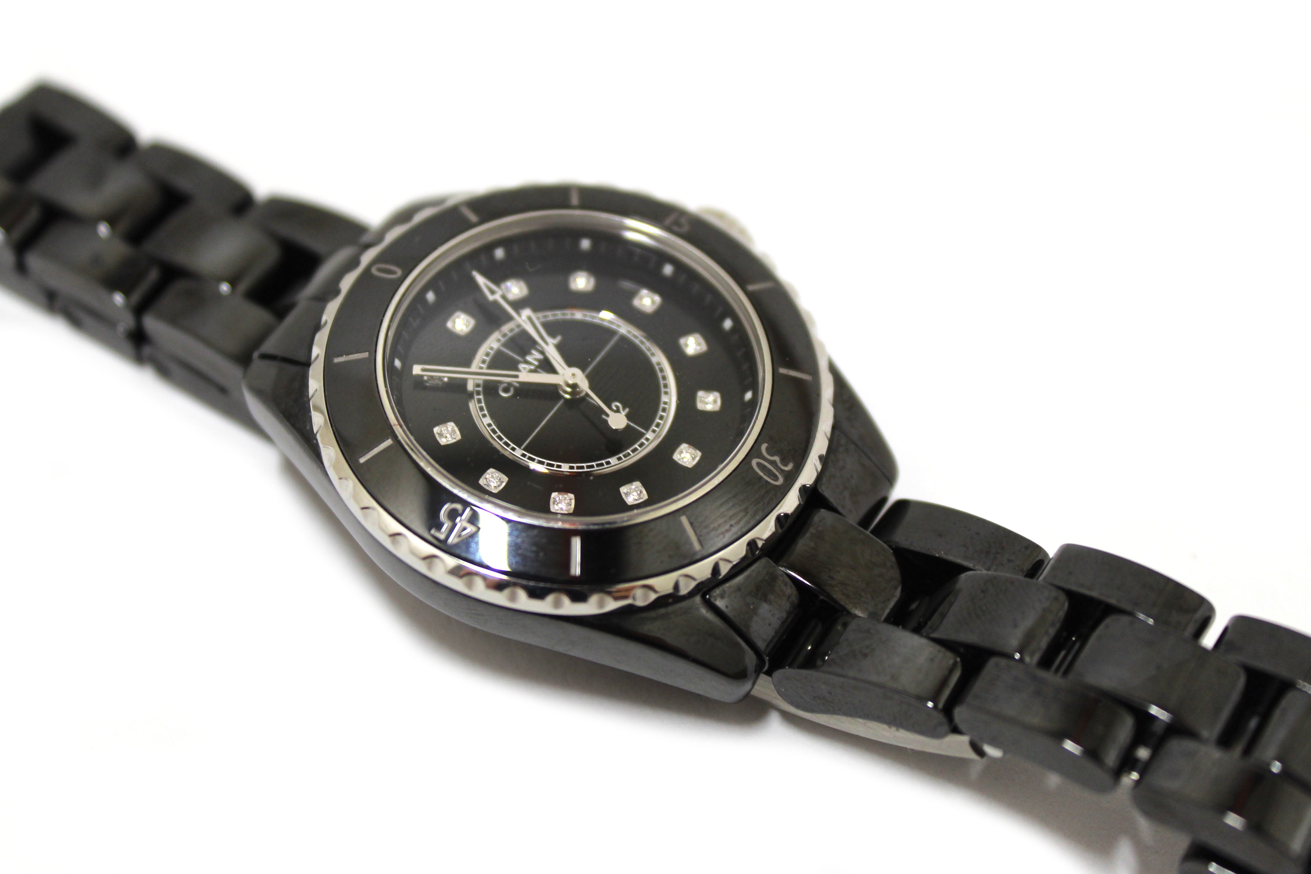 Authentic Chanel Black Ceramic J12 Diamond Quartz Watch 33mm H2422 - Luxury Women's Wristwatch for Business, Party & Special Occasions