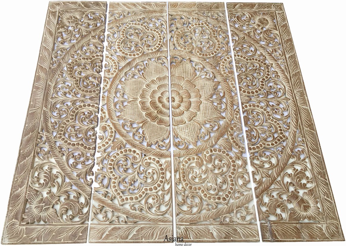 Sacred Fig Leaf Wood Carved Headboard - Asian Wall Art Decor for Bedroom (48