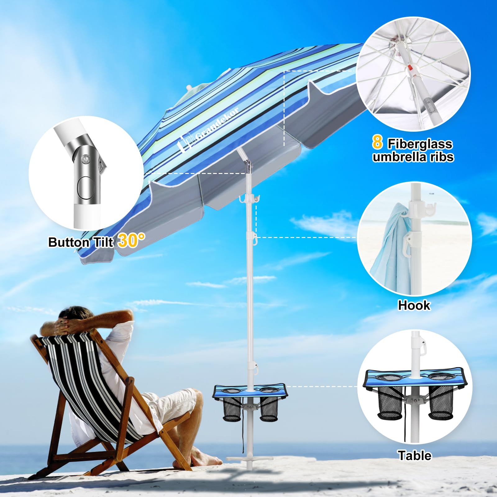 Grandekor 7FT Heavy Duty Windproof Beach Umbrella with Sand Anchor - Portable UV 50+ Sun Shade with Carry Bag & Side Table - Perfect for Beach, Pool, Backyard, and Outdoor Travel Adventures