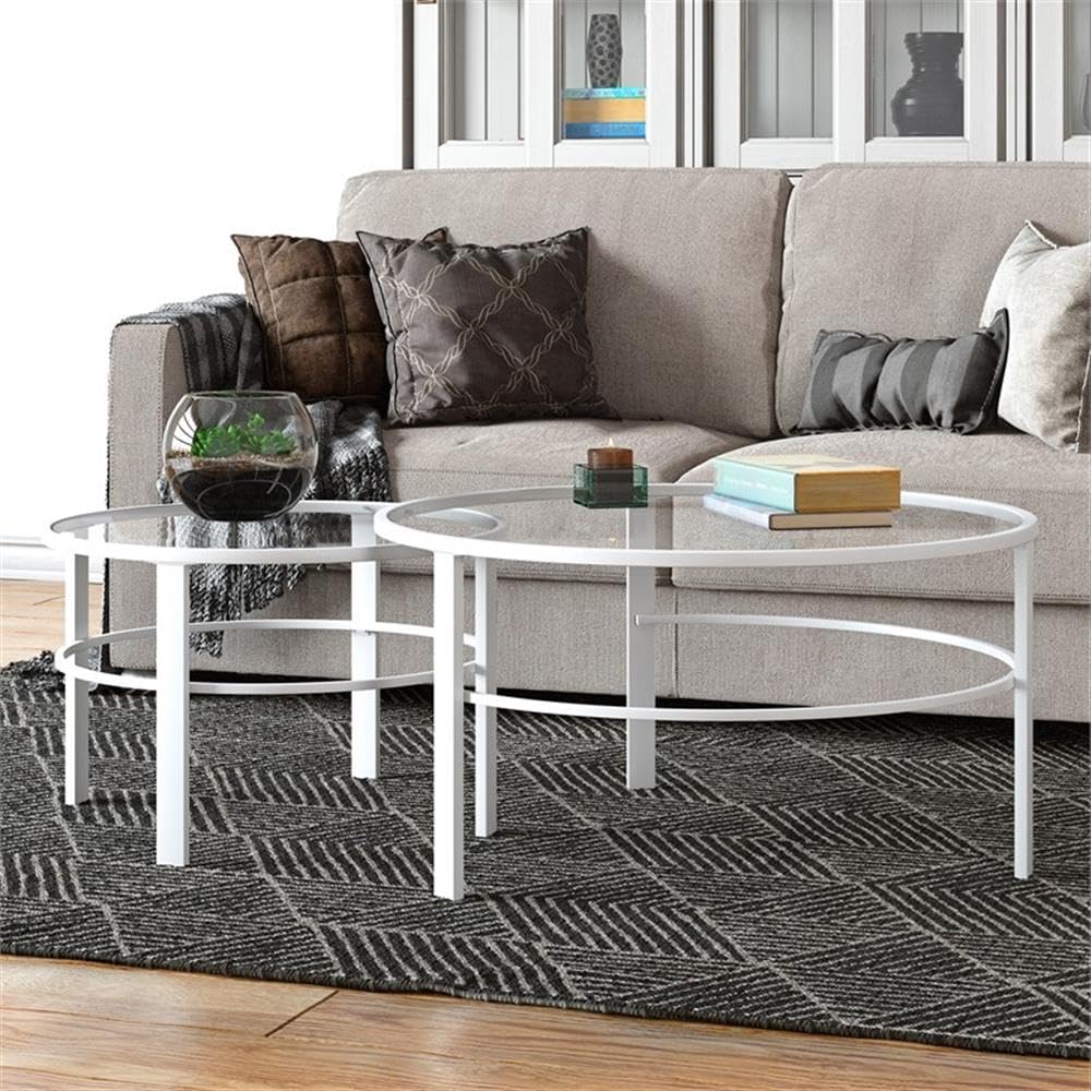 2-Piece White Metal & Glass Nesting Coffee Table Set - Modern Living Room & Office Furniture for Small Spaces