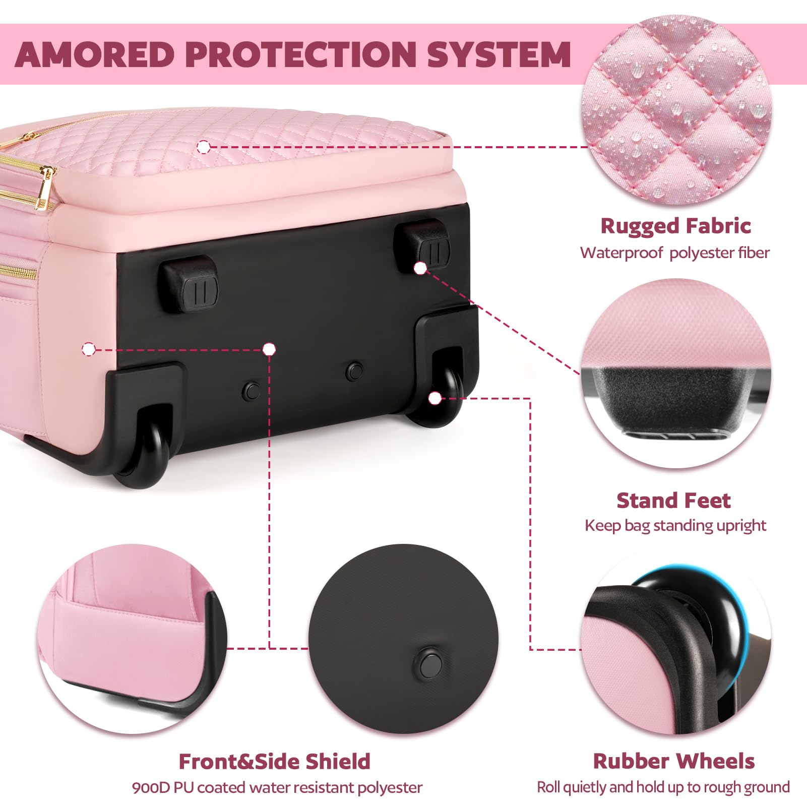 40L Rolling Backpack for Women - Pink Gold Wheeled Carry-On Luggage for Travel