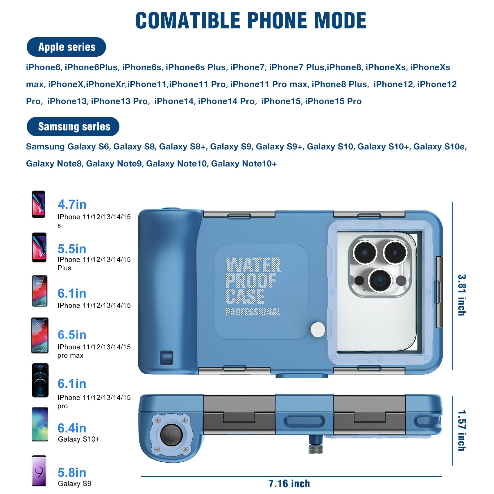 Waterproof Phone Case for iPhone 16/15/14/13/12/11 Pro Max/XS/X & Samsung Galaxy S24/S23/S22/S21 - 50ft/15m Deep Underwater Protection, Scuba Diving, Snorkeling, Swimming & Beach Activities - Cove Blue Underwater Photography Case