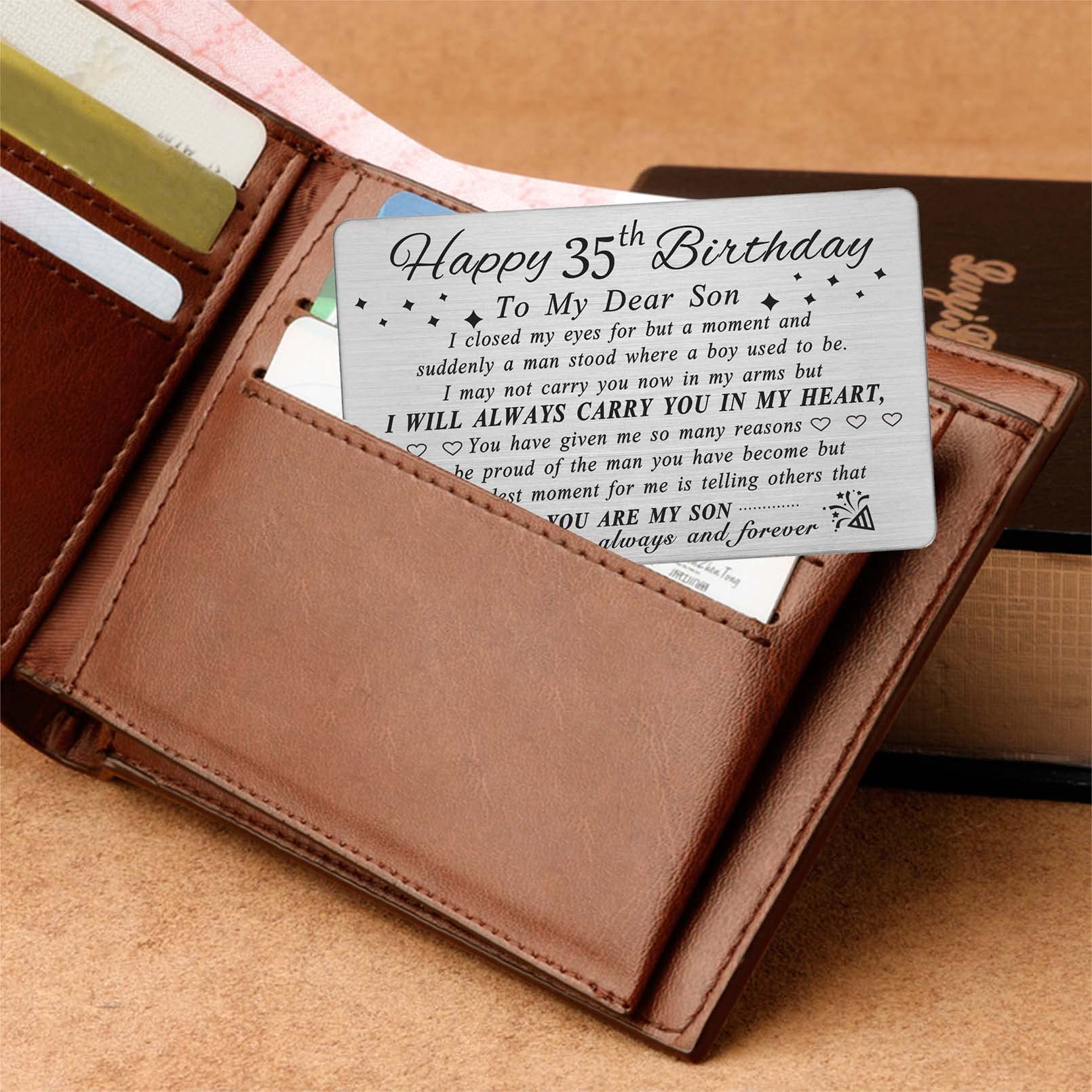 Personalized Steel Engraved 35th Birthday Card for Son - Unique Gift for 35 Year Old Men - Wallet Card with Custom Message - Perfect for Birthday Celebrations, Father-Son Bonding & Special Occasions