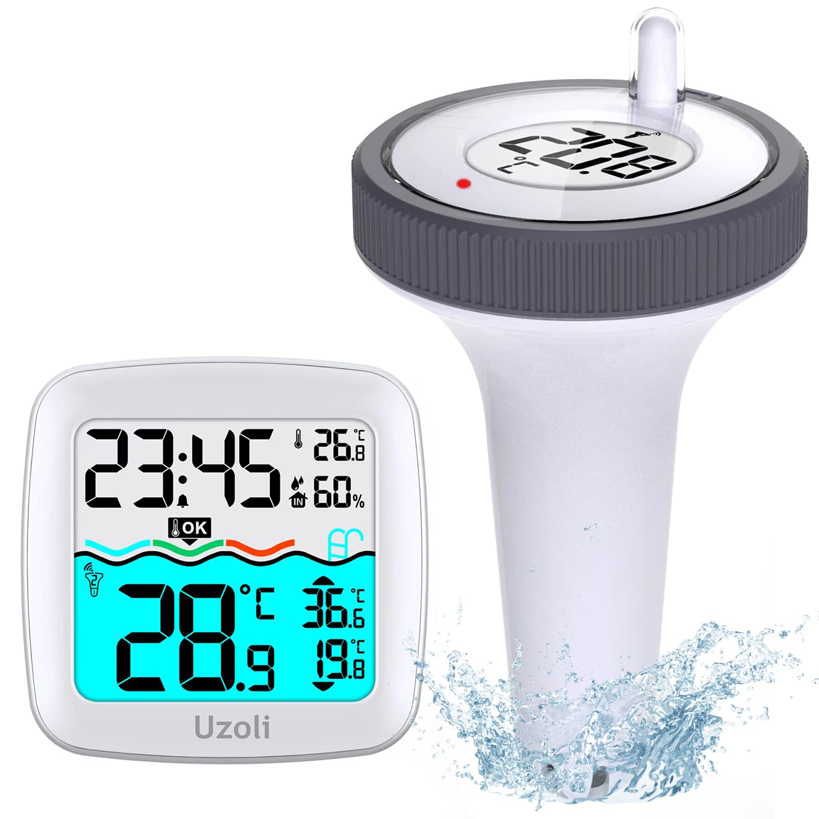 **Uzoli Wireless Floating Pool Thermometer - Easy Read Digital Thermometer with Indoor/Outdoor Temperature & Humidity Monitor for Swimming Pools, Hot Tubs, Ponds, Baths & Spas - Perfect for Home, Backyard & Spa Relaxation**