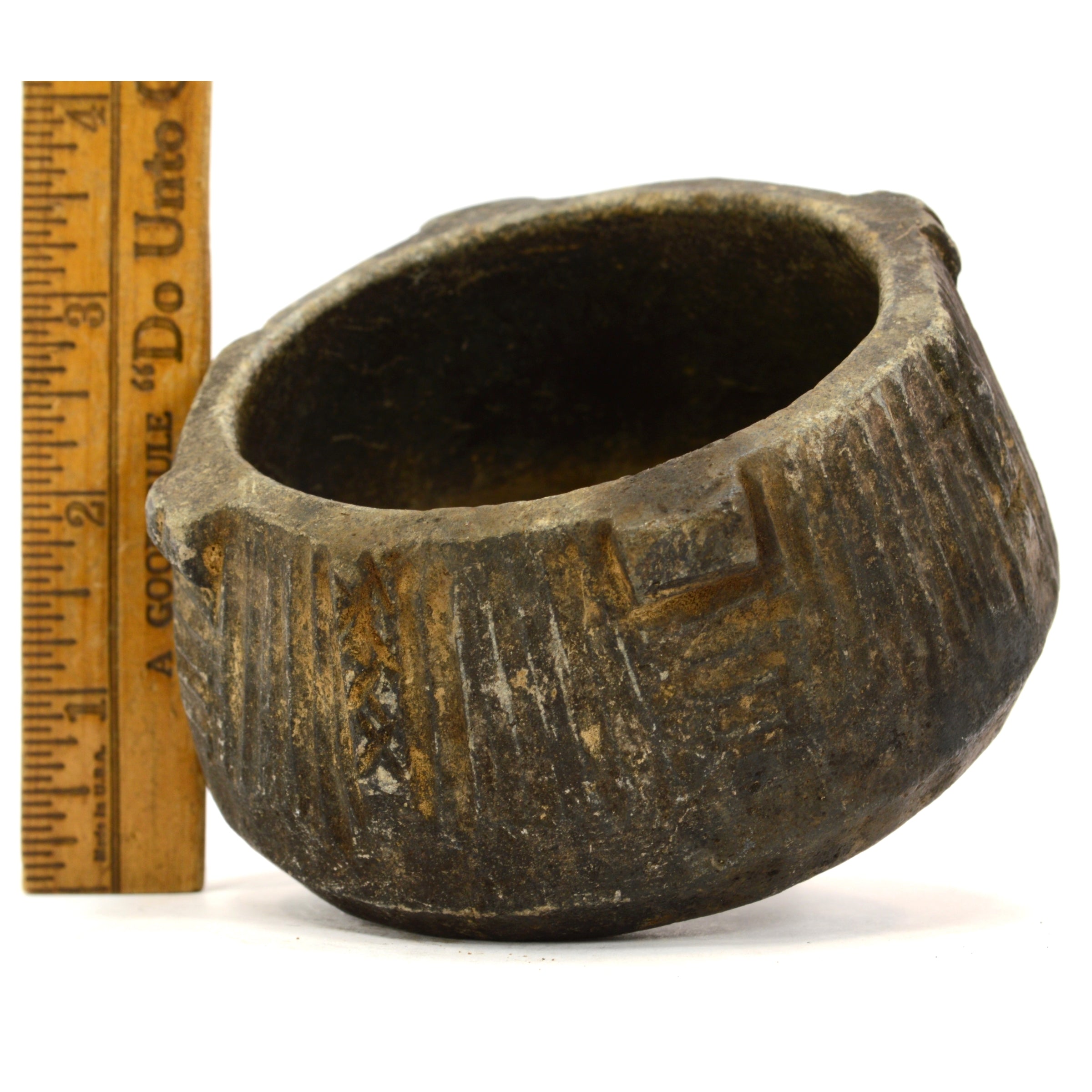 Ancient Pre-Columbian Steatite Bowl - Hand-Carved Black Soapstone with Nubs & Ribbed Design - Authentic Artifact for Home Decor, Meditation & Collectors