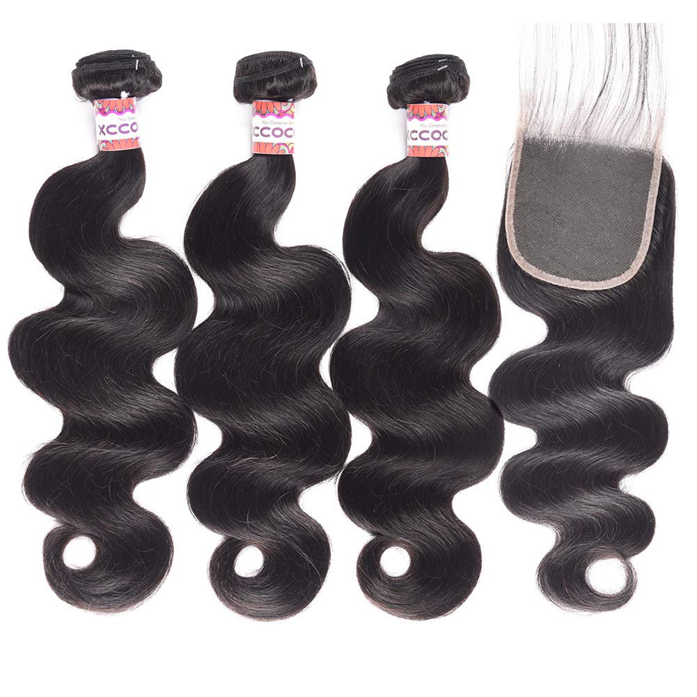 XCCOCO 3 Bundles Natural Black Body Wave Human Hair Weave with 4x4 Lace Closure - 100% Virgin Peruvian Remy Hair Extensions (10,12,14inch + 10inch Closure) - Perfect for Protective Styles, Weaves, Ponytails & Everyday Glam
