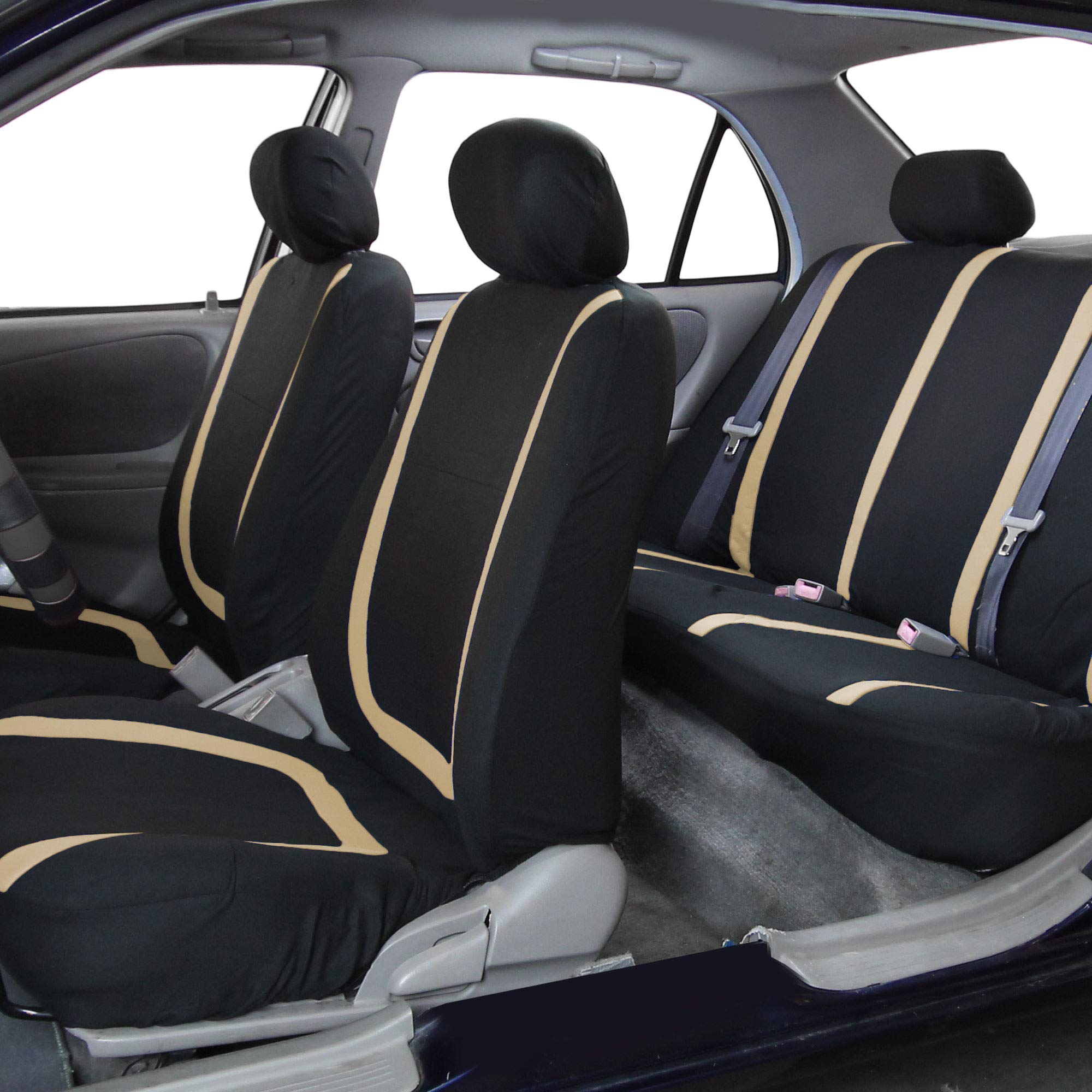TLH Automotive Universal Beige Car Seat Covers Full Set with Steering Wheel Cover & Seat Belt Pads - Premium Flat Cloth Design Fits Most Cars, Trucks & SUVs - Perfect for Road Trips, Daily Commutes & Vehicle Protection