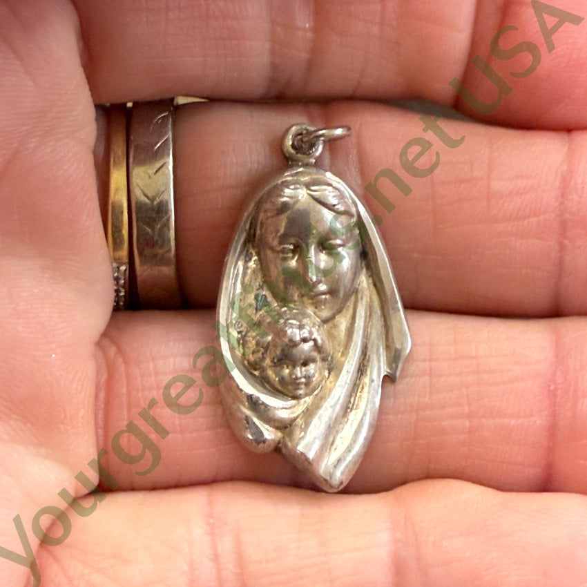 Vintage Cast Sterling Silver Mary & Jesus Mother & Child Religious Pendant Necklace - Perfect for Baptism, First Communion & Christian Gifts