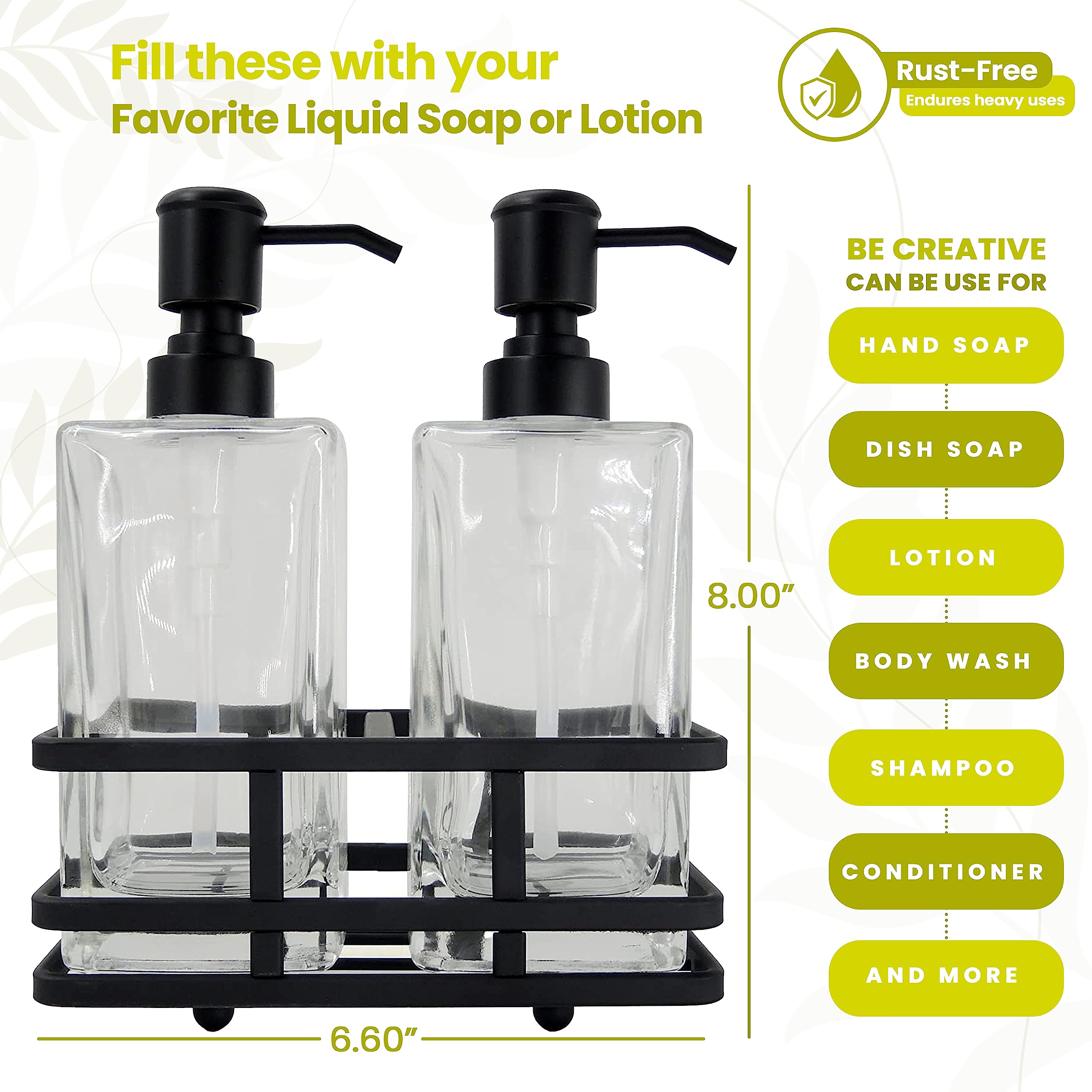 Premium Matte Black Square Glass Soap & Lotion Dispenser Set with Metal Stand - Heavy Duty Handcrafted Bathroom Organizer for Sink Counter, Kitchen, Hotel & Travel Use