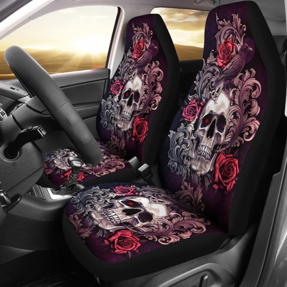 2 Pcs Gothic Skull Floral Rose Car Seat Covers - Universal Fit for Cars, Trucks & SUVs - Stylish Protection for Seats - Perfect for Halloween, Gothic & Punk Style Lovers
