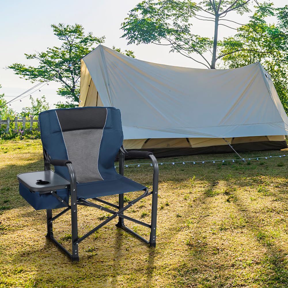 Heavy Duty Folding Camping Chair with Side Table - 350 lbs Capacity Portable Outdoor Director Chair for Adults, Navy - Perfect for Camping, Backyard, Beach & Picnic Use