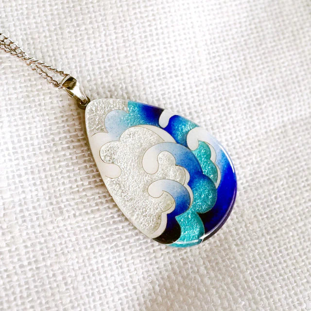 Yusen Shippo Wave Pendant Necklace - Handcrafted Japanese Enamel Jewelry for Women, Elegant Gift for Birthday, Anniversary & Special Occasions