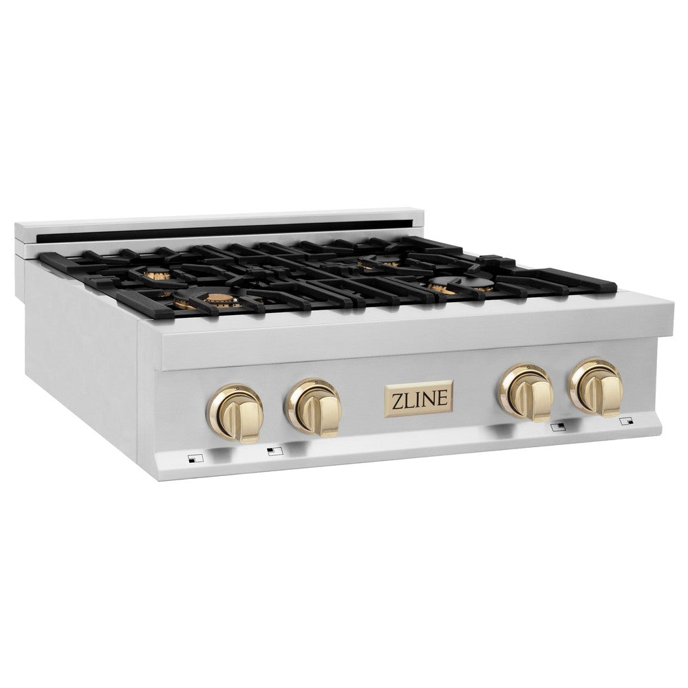 ZLINE RTZ 30 G 30-Inch 4-Burner Gas Rangetop with Porcelain Cooktop - Stainless Steel with Polished Gold Accents - Professional Style for Home Kitchen & Restaurant Use