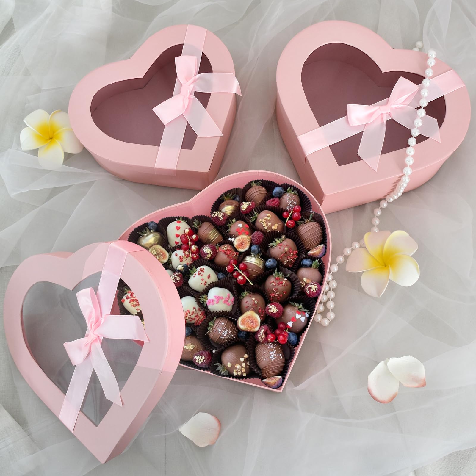 BEISHIDA Set of 3 Pink Heart Shaped Gift Boxes with Clear Lids - Perfect for Valentine's Day Flowers, Chocolates, Strawberries & Mother's Day Presents | Elegant Packaging for Romantic Gifts, Wedding Favors & Special Occasions