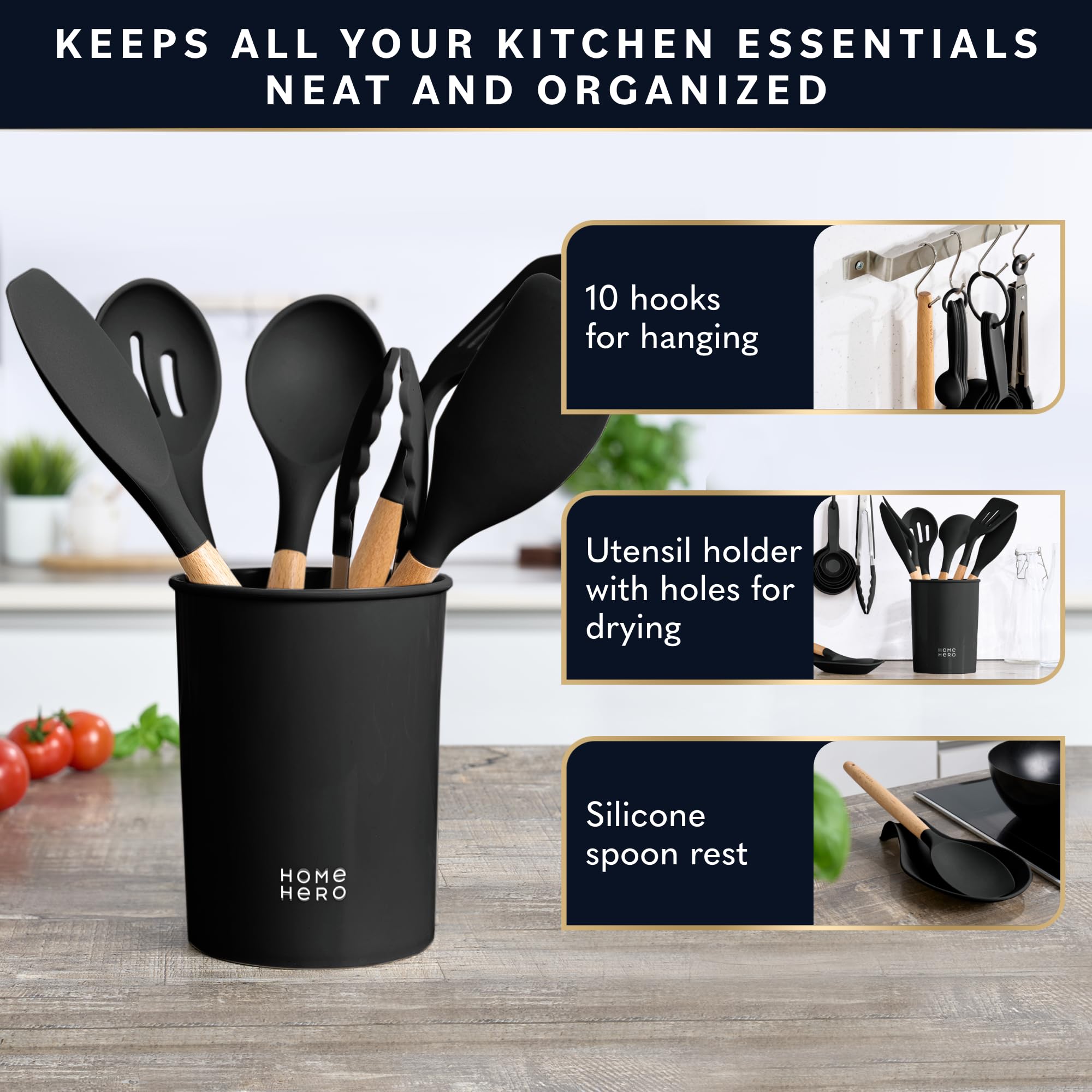 Premium Silicone Kitchen Utensils Set - 33 Pcs Non-Stick Cooking Tools with Wooden Handle Spatula, Turner & Essential Gadgets for Baking, Frying & Everyday Cooking (Black) - Ideal for Home Chefs & Professional Kitchens