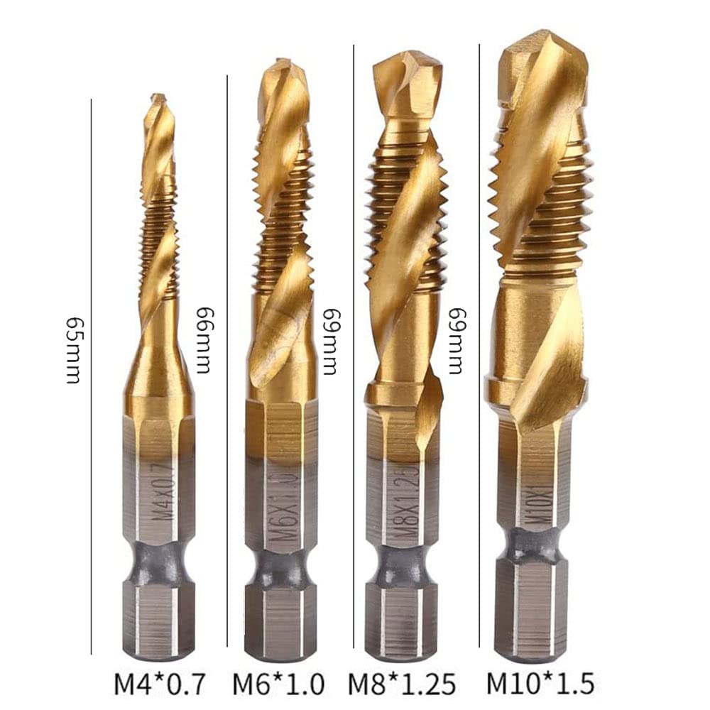 4Pcs HSS Drill and Tap Bit Set - M4 M6 M8 M10 Metric Thread with 1/4