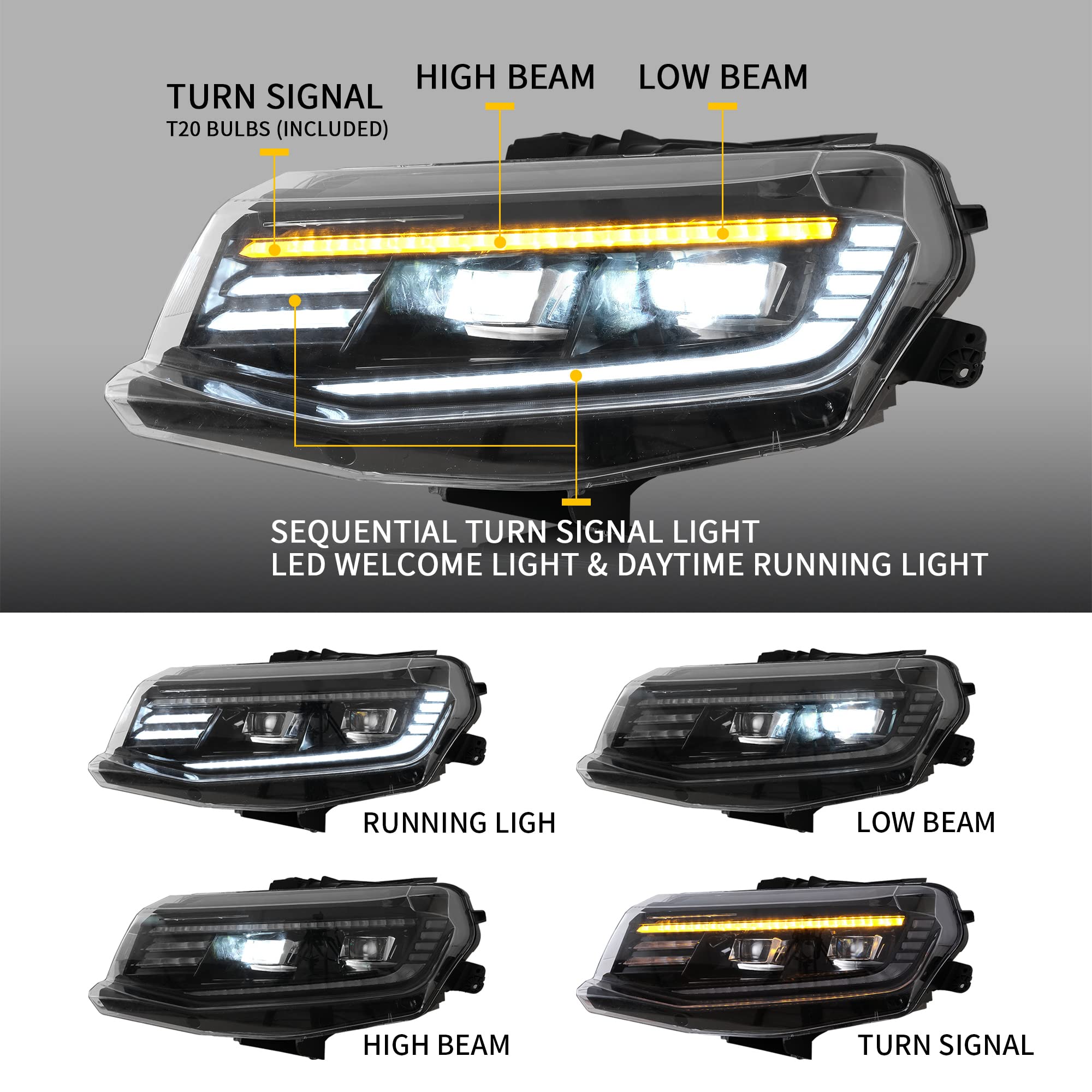 VLAND LED Headlights for Chevy Camaro 2016-2023 - DRL & Turn Signal - Driving & Style Upgrade