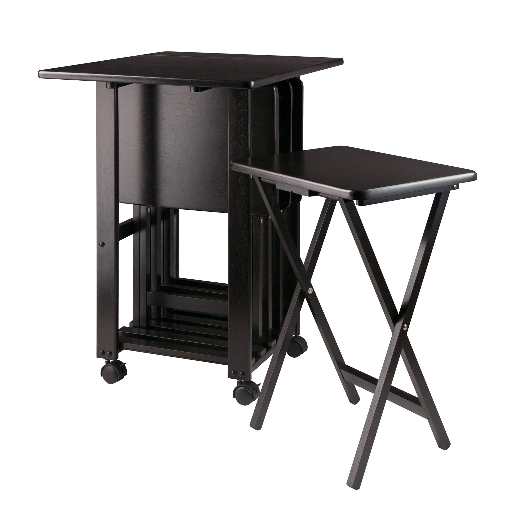 Ergode 5-Piece Wood Folding Snack Table Set with Rolling Storage Stand & Removable Serving Tray - Fully Assembled Black Coffee Table for Living Room, Patio, and Outdoor Use