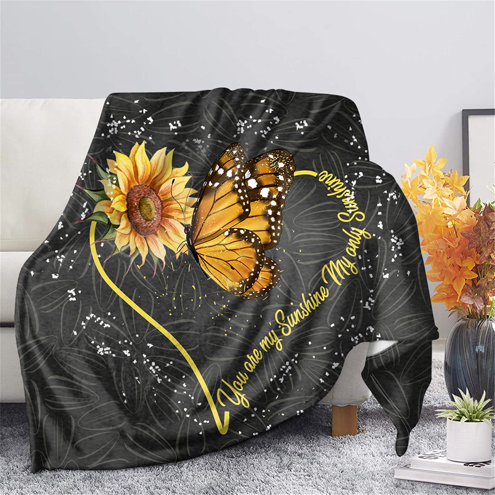 Soft Flannel Fleece Throw Blanket with Sunflower Butterfly Print - Lightweight Plush Blanket for Sofa, Couch, Bed & Home Decor - Cozy Air Conditioning Quilt for Living Room, Bedroom & Travel
