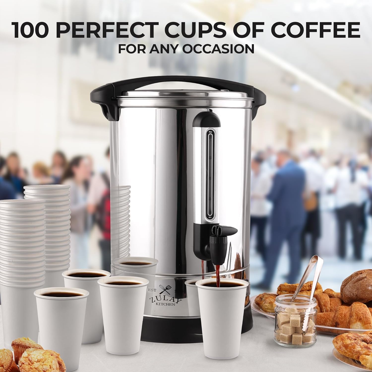 Zulay 100-Cup Commercial Coffee Maker - Stainless Steel Large Percolator Pot with Quick Brew & Heat Retention - Ideal for Coffee, Tea, Water & Beverages at Events, Catering, Offices & Restaurants - Silver