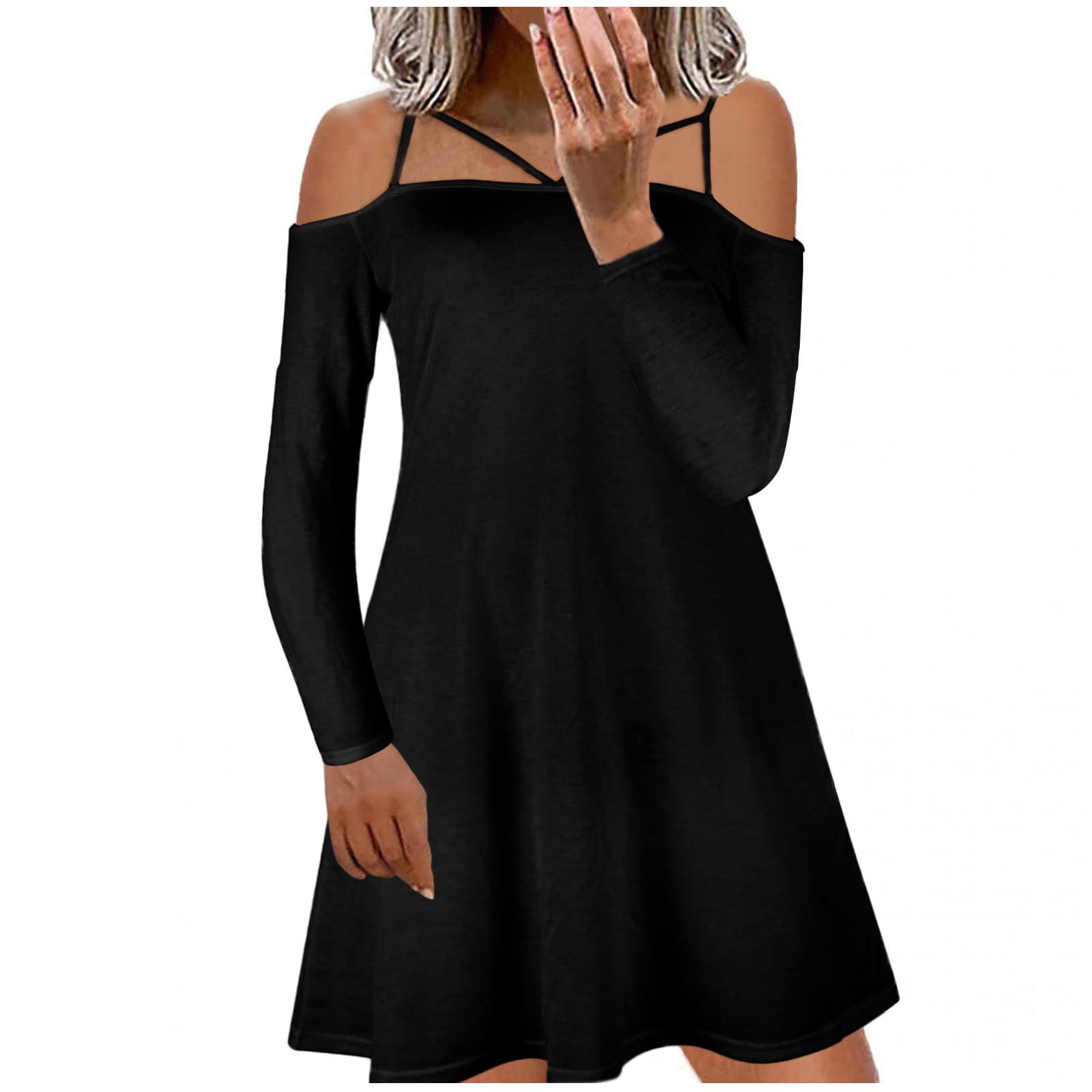 Women's Casual Cold Shoulder Solid Long Sleeve Swing Dress - Sexy Birthday Party Outfit for Date Night & Summer Vacation