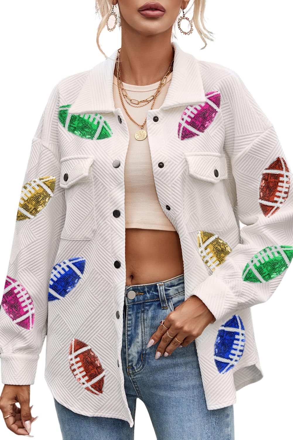 Beige Sequin Rugby Football Textured Knit Collared Shirt Jacket for Women - Perfect Game Day Outfit for Sports Events and Casual Wear