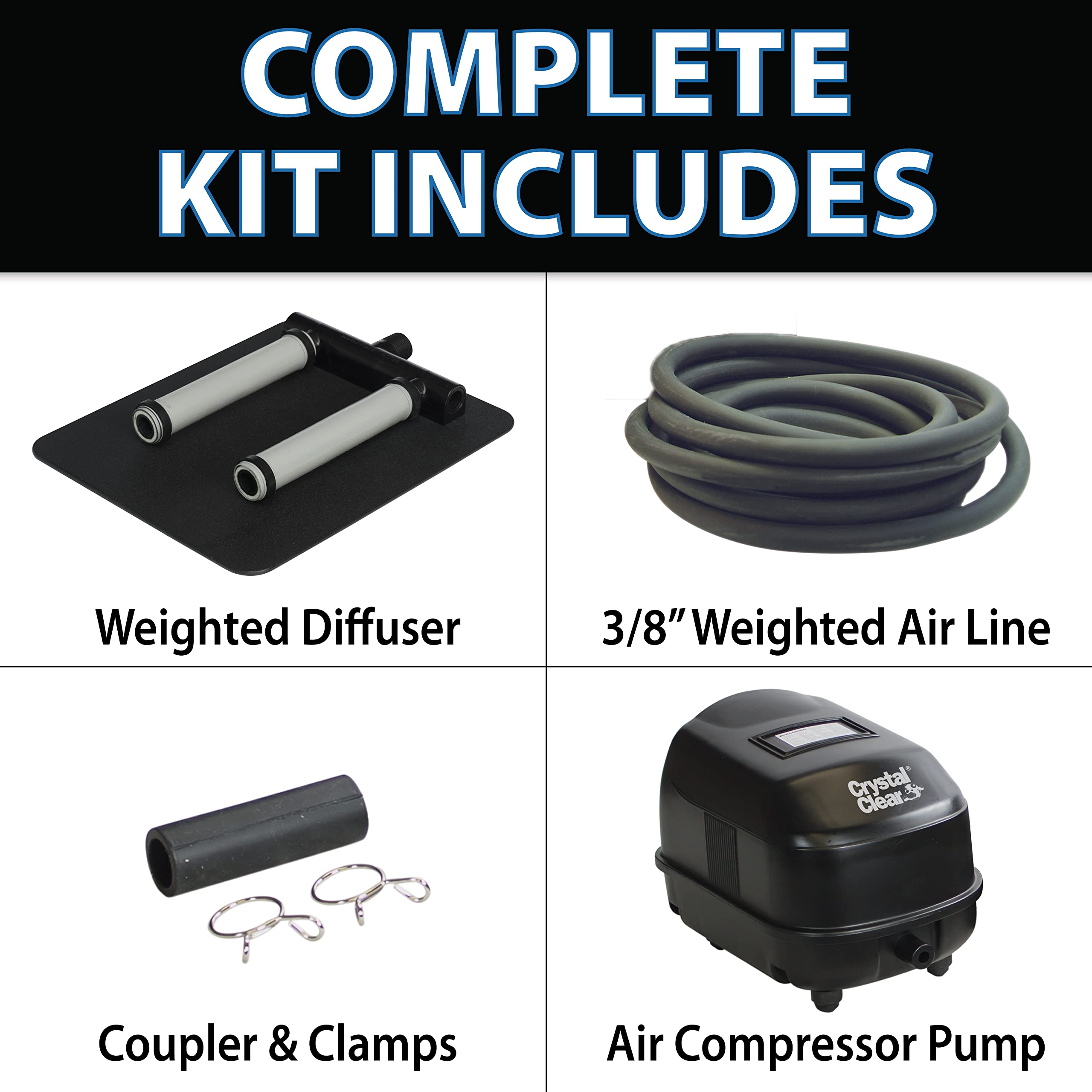 CrystalClear KoiAir 1 Complete Pond Aeration Kit - Oxygen Bubbler System for Koi & Fish Ponds, Outdoor Water Garden Aerator with Diaphragm Compressor Pump, Air Line & Submersible Diffuser Stick - Perfect for Backyard Ponds, Garden Water Features & Aquatic Life Health