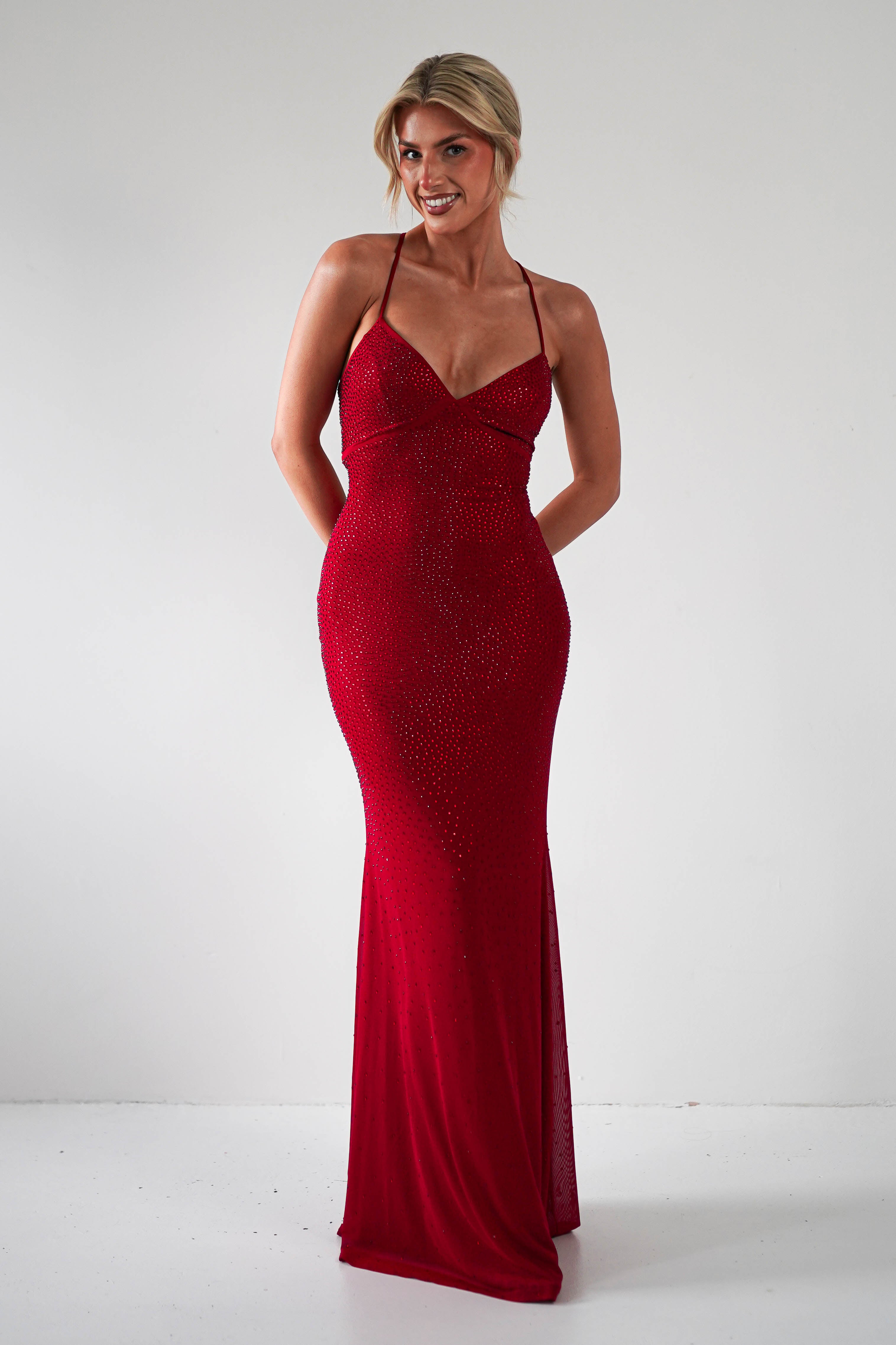 Elegant Red Rhinestone Bodycon Gown for Women - Sexy Sparkling Evening Dress for Prom, Party & Special Occasions