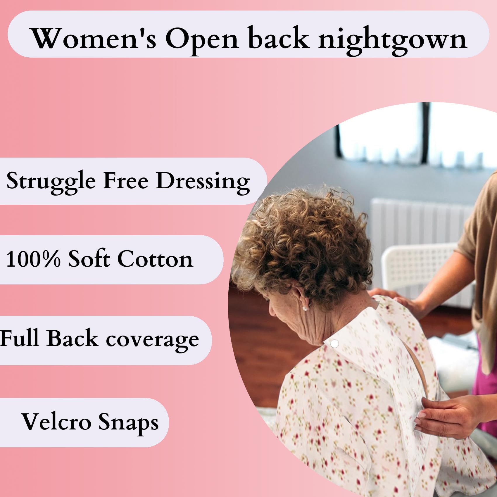 6-Pack Women's Open Back Nightgowns - Long Sleeve Floral Print Lace Hospital Gowns for Bedridden Patients - Comfortable Hospice & Post-Surgery Nightwear for Elderly Care & Home Recovery
