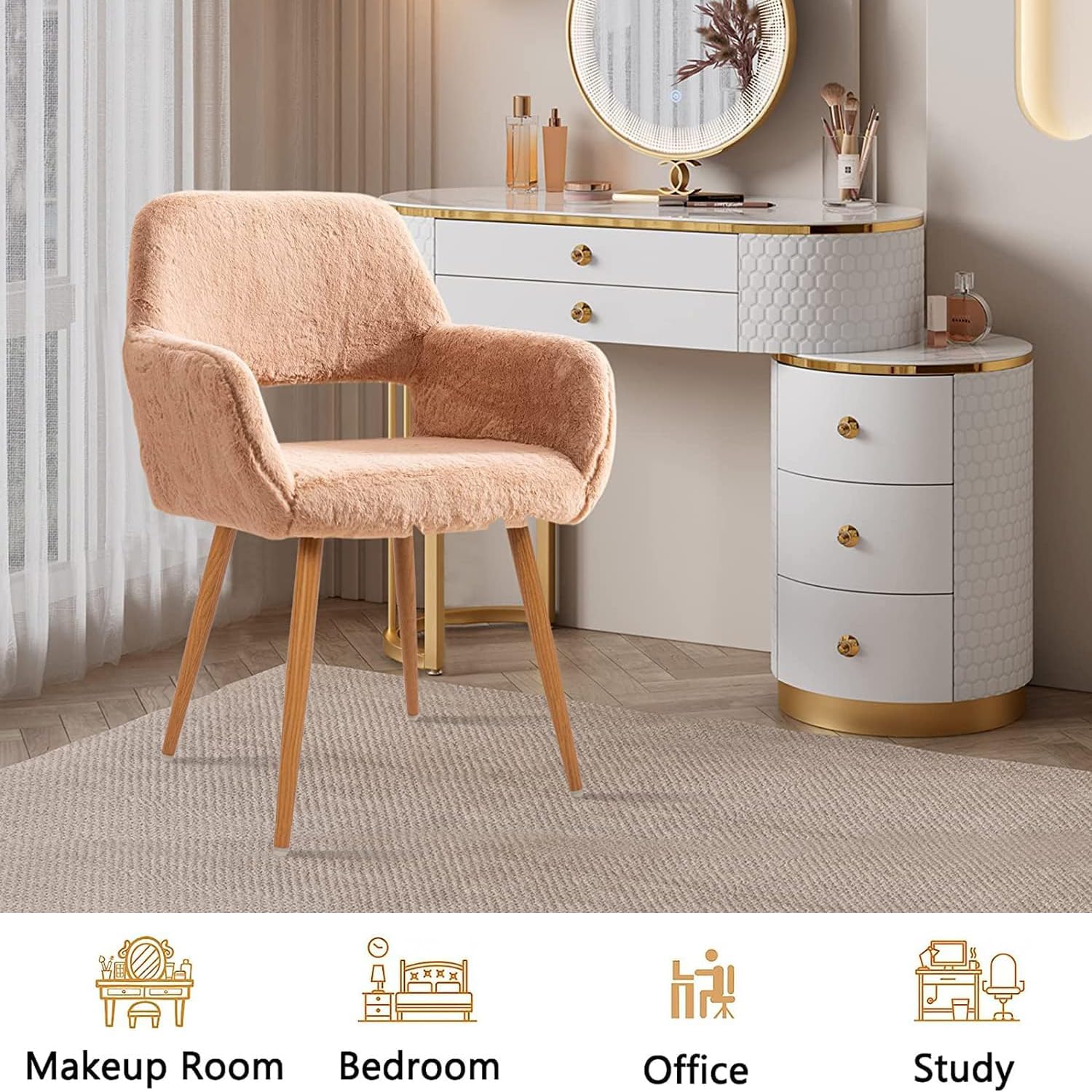 Faux Fur Desk Chair Without Wheels - Fluffy Vanity Chair with Metal Legs, Comfortable Home Office Chair for Women & Girls - Soft Makeup Chair with Hollow Back & Arms for Bedroom, Living Room, Study - Perfect for Home Office, Dressing Table, Reading Nook & Cozy Spaces