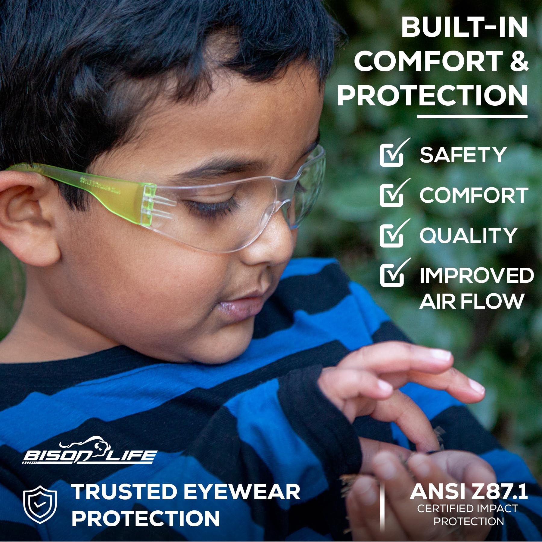 BISON LIFE Kids Safety Glasses - ANSI Z87.1 Certified Protective Eyewear for Children, Bulk Pack of Science Safety Goggles for School Labs, Woodworking, and DIY Projects