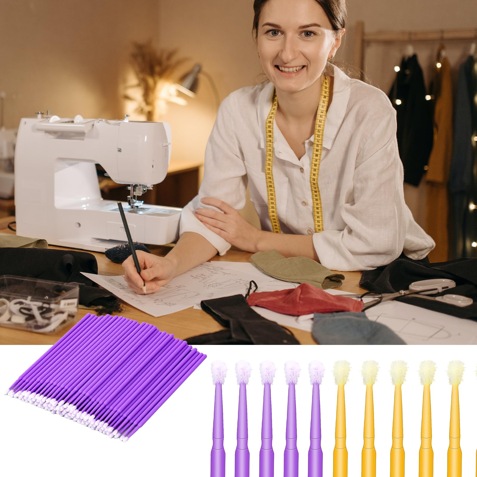 KALIONE 200-Pack Sewing Machine Cleaning Brushes - Bendable Micro Swabs with Multipurpose Pointed Tips | Disposable Cleaning Kit for Sewing Machines, Phones, Laptops & Charge Ports | Perfect for Home, Office & DIY Sewing Projects
