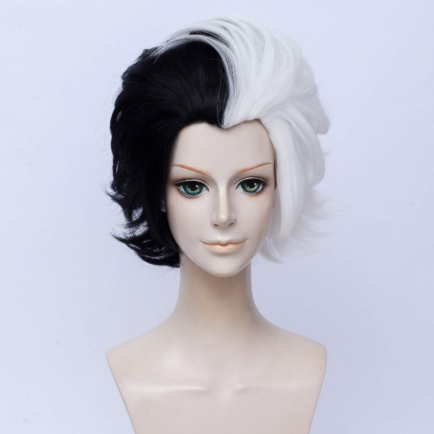 QACCF Short Layered Curly Half White Half Black Synthetic Wig for Women - Perfect for Mad Scientist Costume, Cosplay, Halloween, and Theatrical Performances