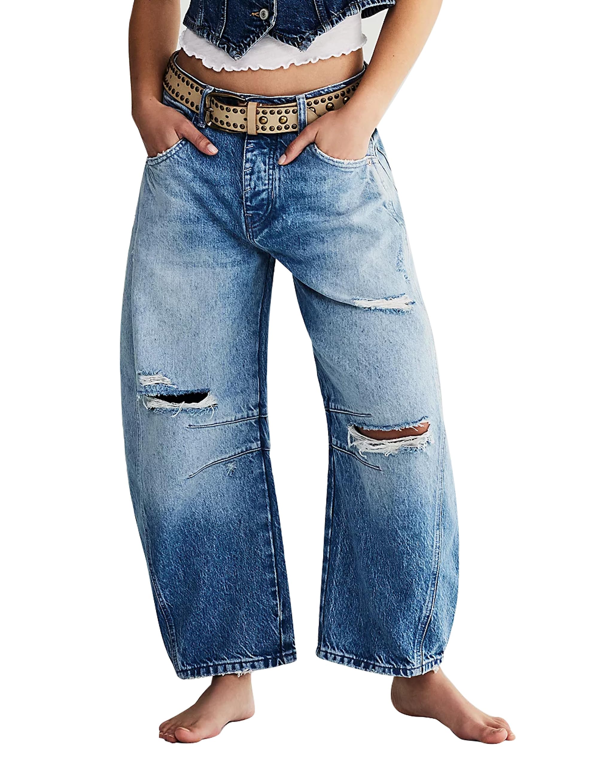 Women's High Waisted Barrel Jeans - Baggy Boyfriend Jeans with Horseshoe Design | Comfortable & Stylish for Casual Wear, Street Fashion & Everyday Outfits
