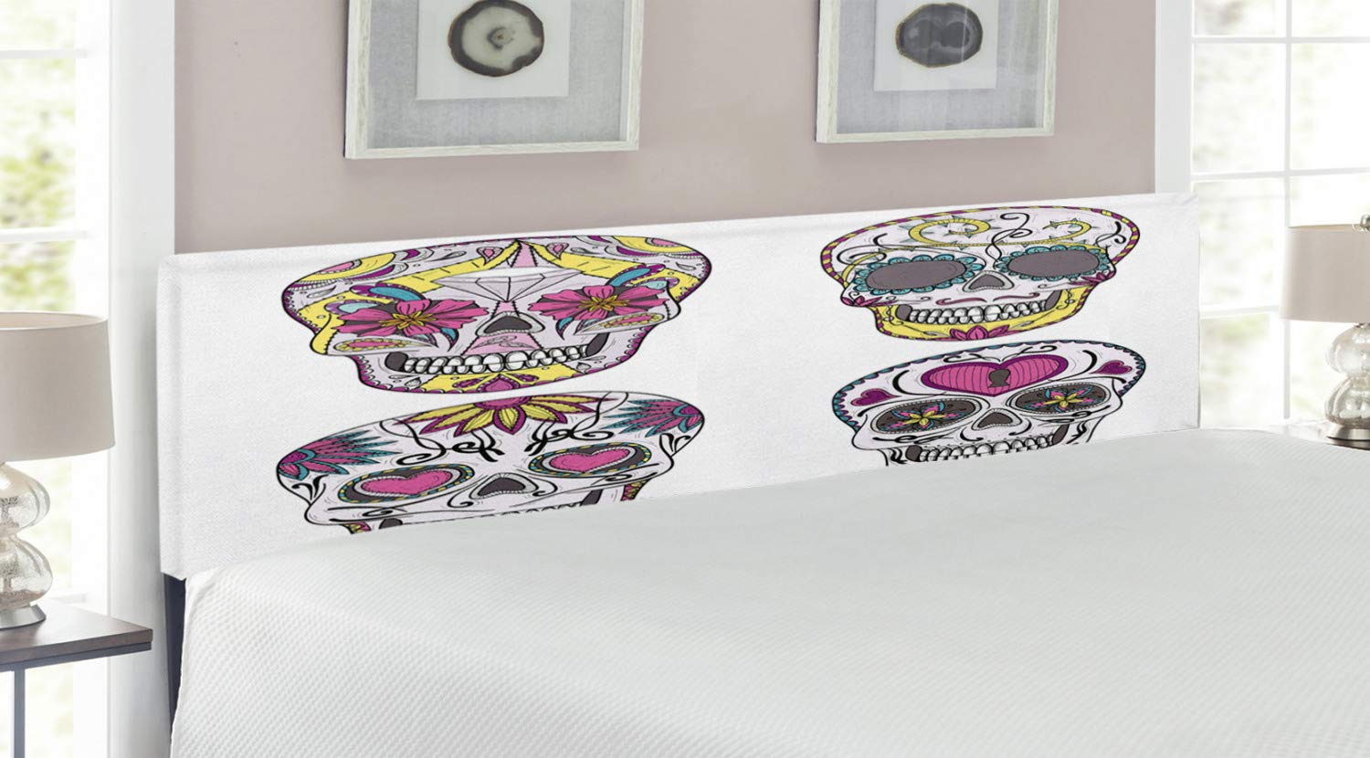 Ambesonne King Size Upholstered Metal Bed Headboard with Memory Foam - Mexican Sugar Skull Design, Traditional Floral Motifs & Skeleton Theme - Colorful Decorative Headboard for Bedroom, Guest Room or Dorm