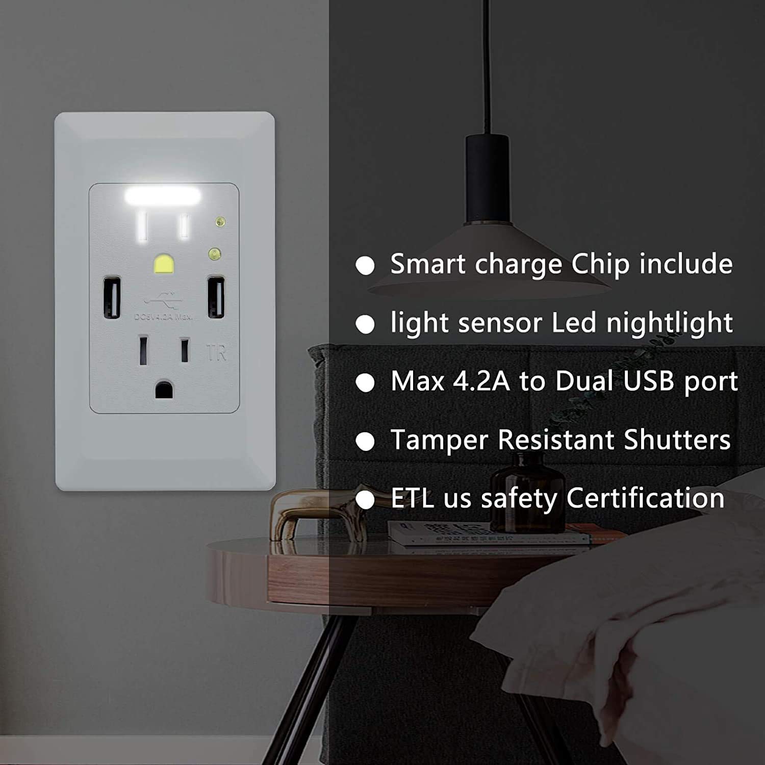 4.2A Dual USB Charger Wall Outlet with Auto LED Nightlight - 2 USB Ports & 2 Tamper-Resistant AC Outlets (15A) - White Wall Plate Included - 8 Pack - Perfect for Bedrooms, Kitchens & Home Offices