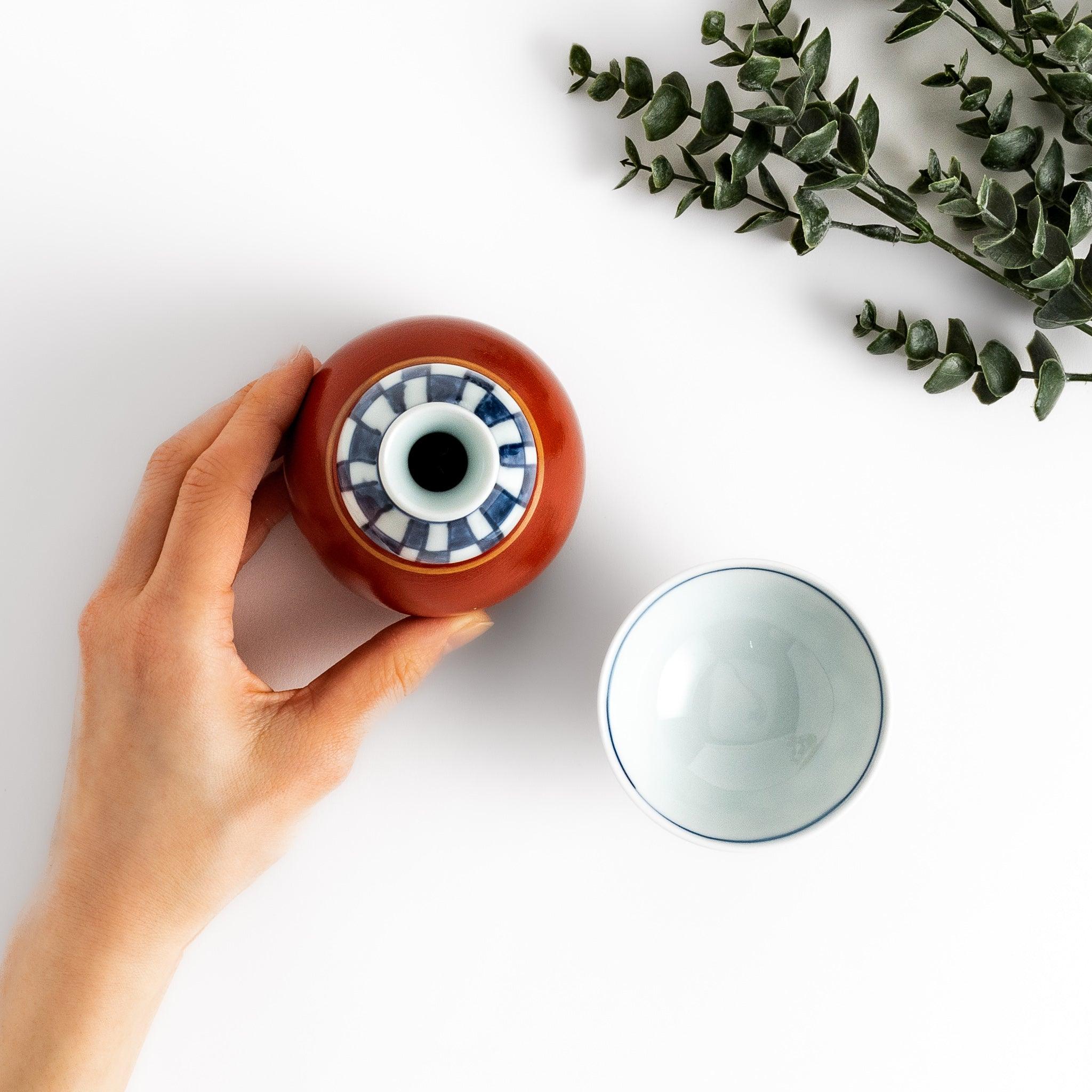 Premium Red Checkered Sake Set - Traditional Japanese Ceramic Sake Bottle & Cups Gift Set - Perfect for Japanese Dining, Sake Tasting, and Cultural Gift Giving