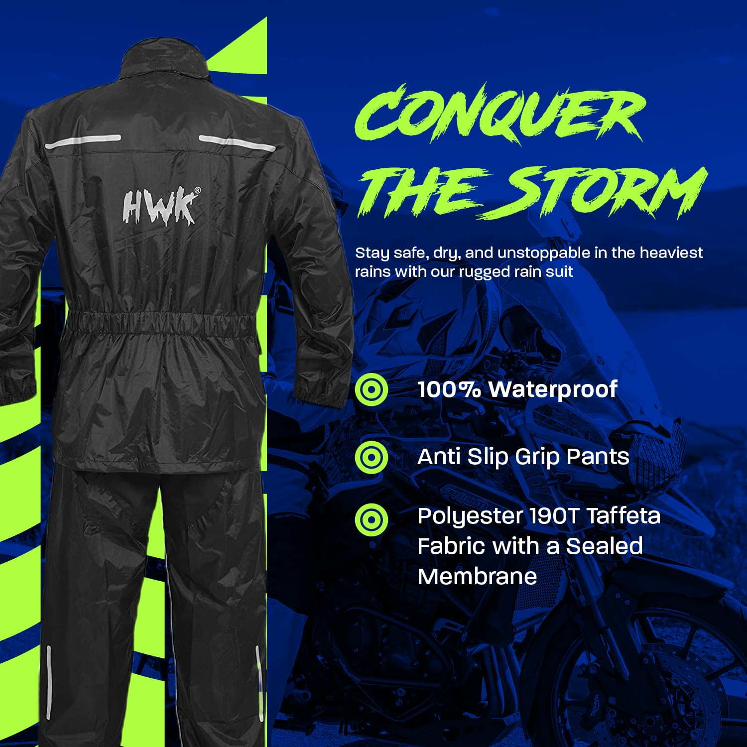 HWK Waterproof Motorcycle Rain Suit for Men & Women - 2-Piece Reflective Riding Gear with Jacket & Pants | All-Season Weatherproof Protection for Motorcycles, Scooters & Bikes (Black, X-Large) - Ideal for Commuting, Touring & Adventure Riding in Rainy Conditions