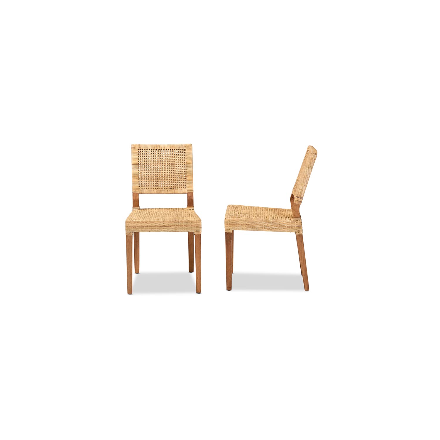 Baxton Studio Lesia Modern Bohemian Rattan Dining Chairs - Set of 2 Natural Brown Woven Rattan with Walnut Wood Frame - Perfect for Boho Kitchen, Breakfast Nook & Outdoor Patio Dining