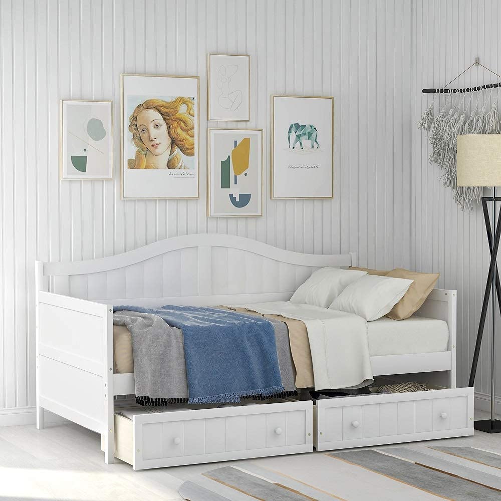 Twin Size Solid Wood Captain's Daybed with 2 Drawers - No Box Spring Needed - White Wooden Sofa Bed for Bedroom, Living Room & Guest Room - Perfect for Small Spaces, Sleepovers & Multi-Functional Furniture Needs