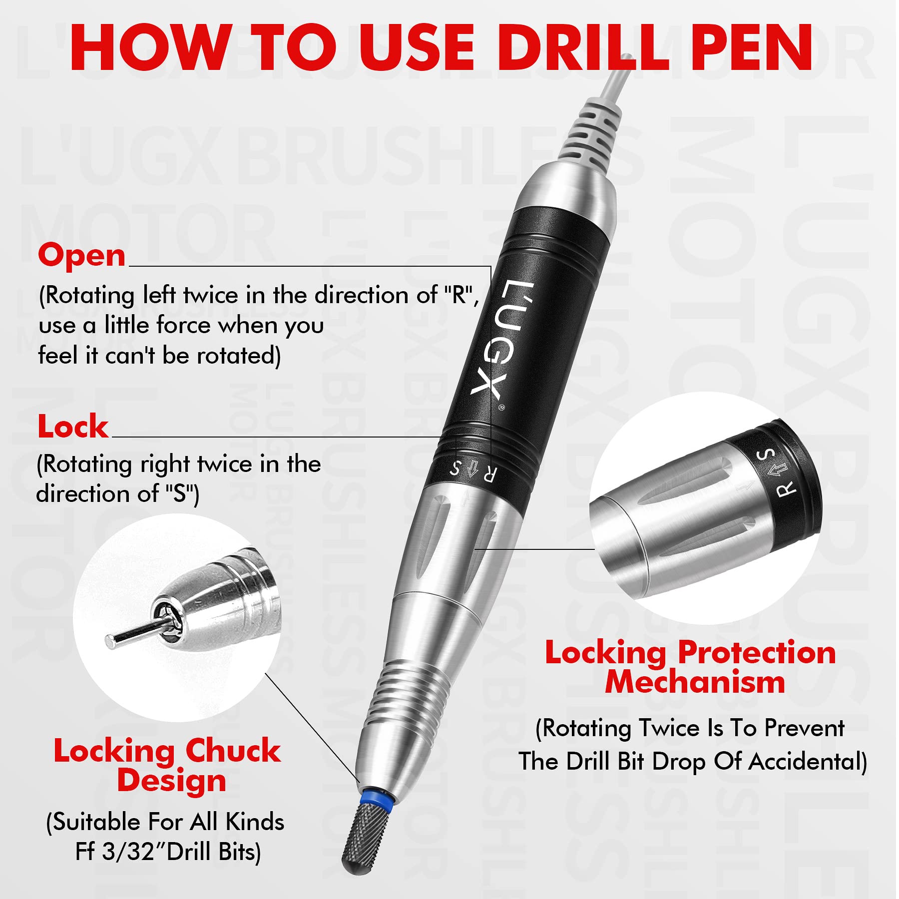 L'UGX Professional 35000RPM Electric Nail Drill Machine - Portable Manicure & Pedicure Kit for Acrylic Gel Nails, Nail Art Polishing & Shaping - Perfect for Home Salon & Nail Care Enthusiasts