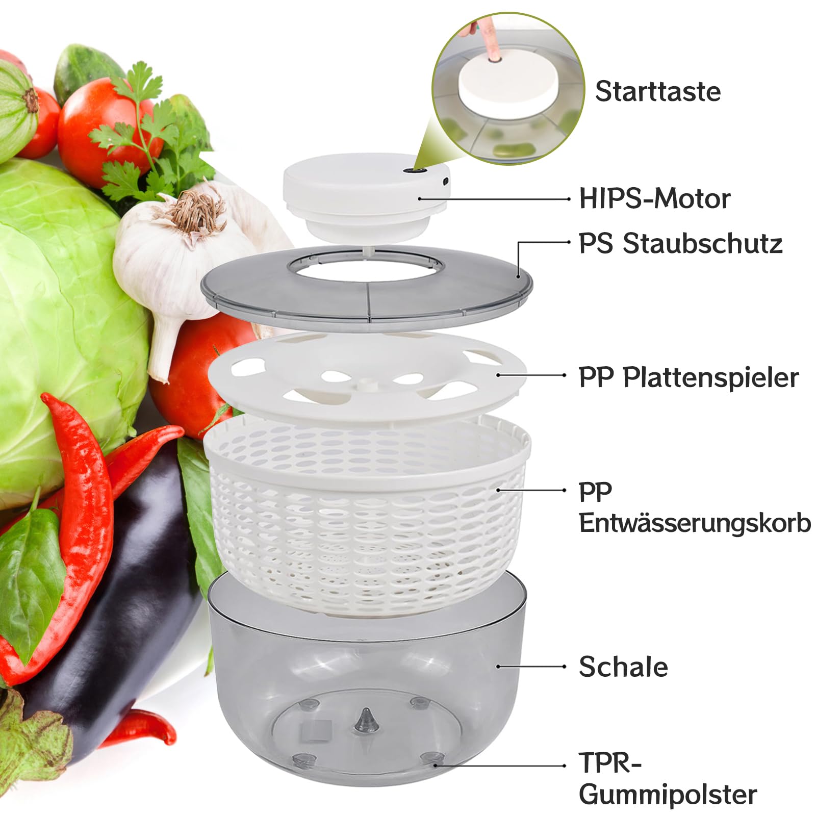 6.3 Qt Electric Salad Spinner with 350ml Squeeze Bottle - Large Lettuce Dryer, Salad Mixer & Fruit Washer - Spin & Dry Greens, Fruits, Vegetables - Compact Kitchen Tool (White) - Perfect for Healthy Meal Prep, Quick Salad Making & Fresh Produce Cleaning