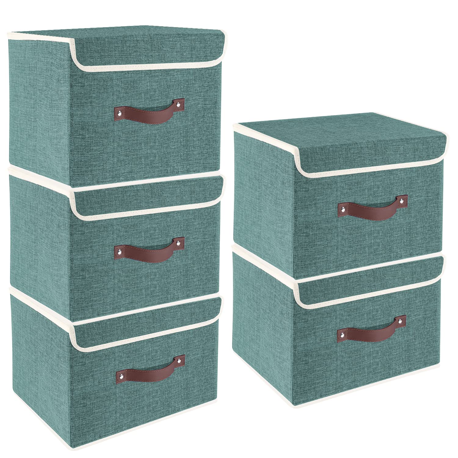 Foldable Fabric Storage Boxes 5-Pack with Lids - Closet, Office & Toy Organization - Aqua Deep